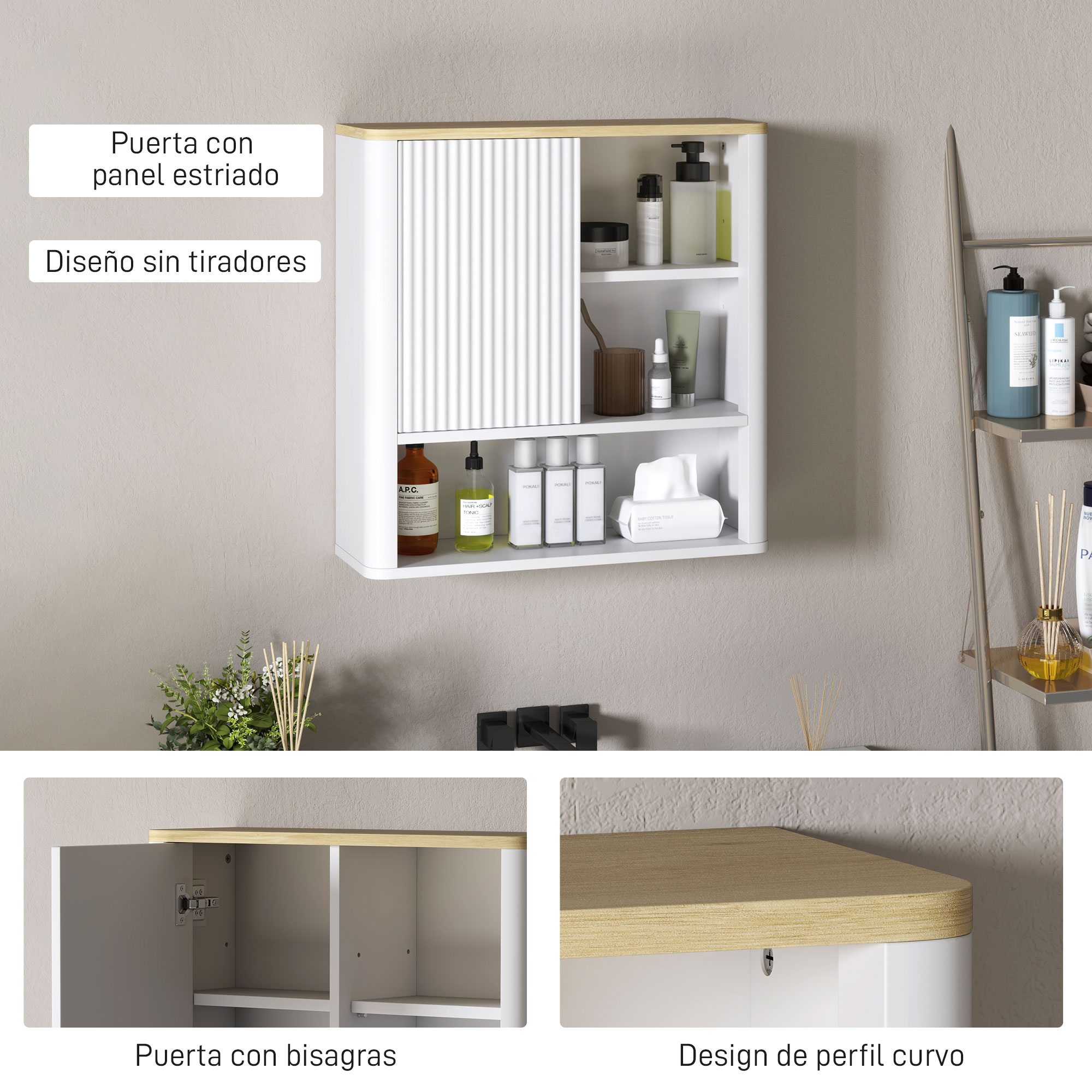 Un mueble de pared blanco con tapa de madera, lleno de artículos de tocador y una caja de pañuelos.