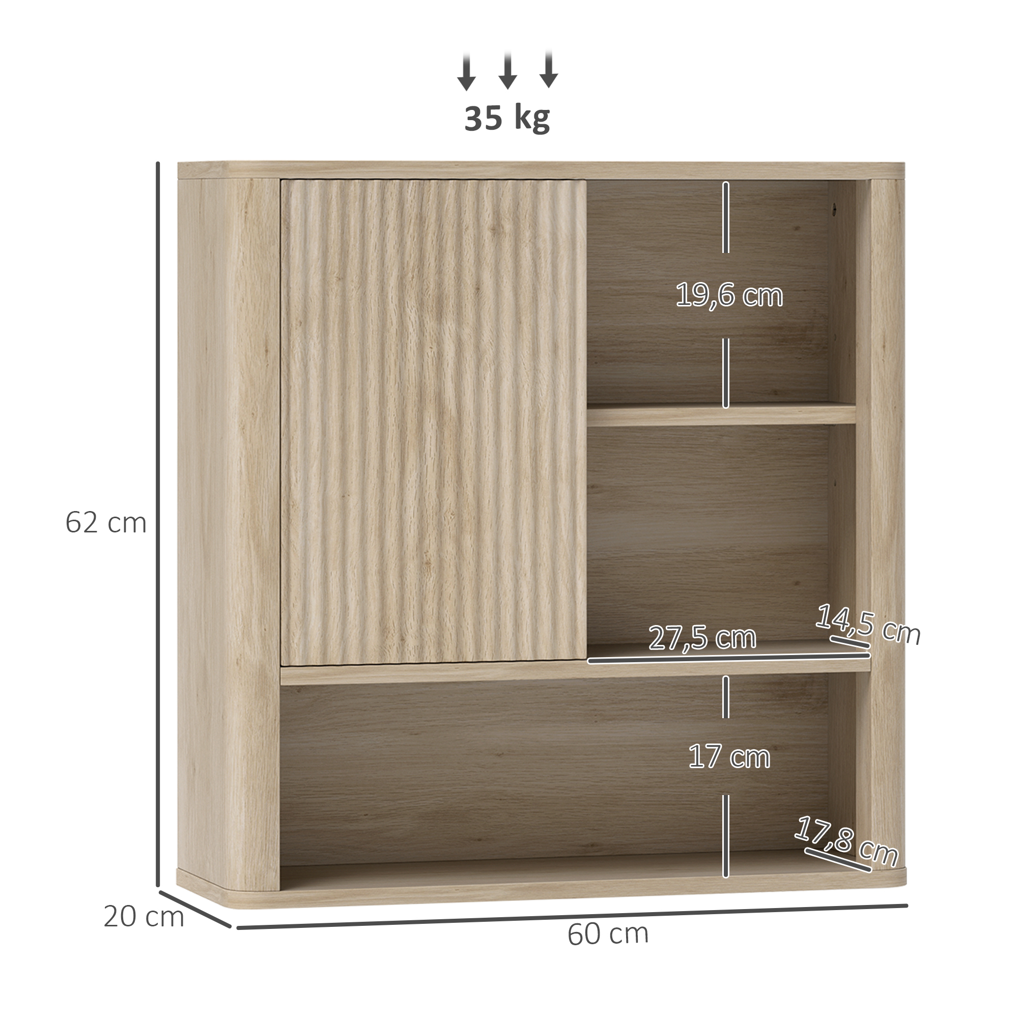 Un estante marrón claro con puerta de lamas y compartimentos abiertos. Se muestran las dimensiones.