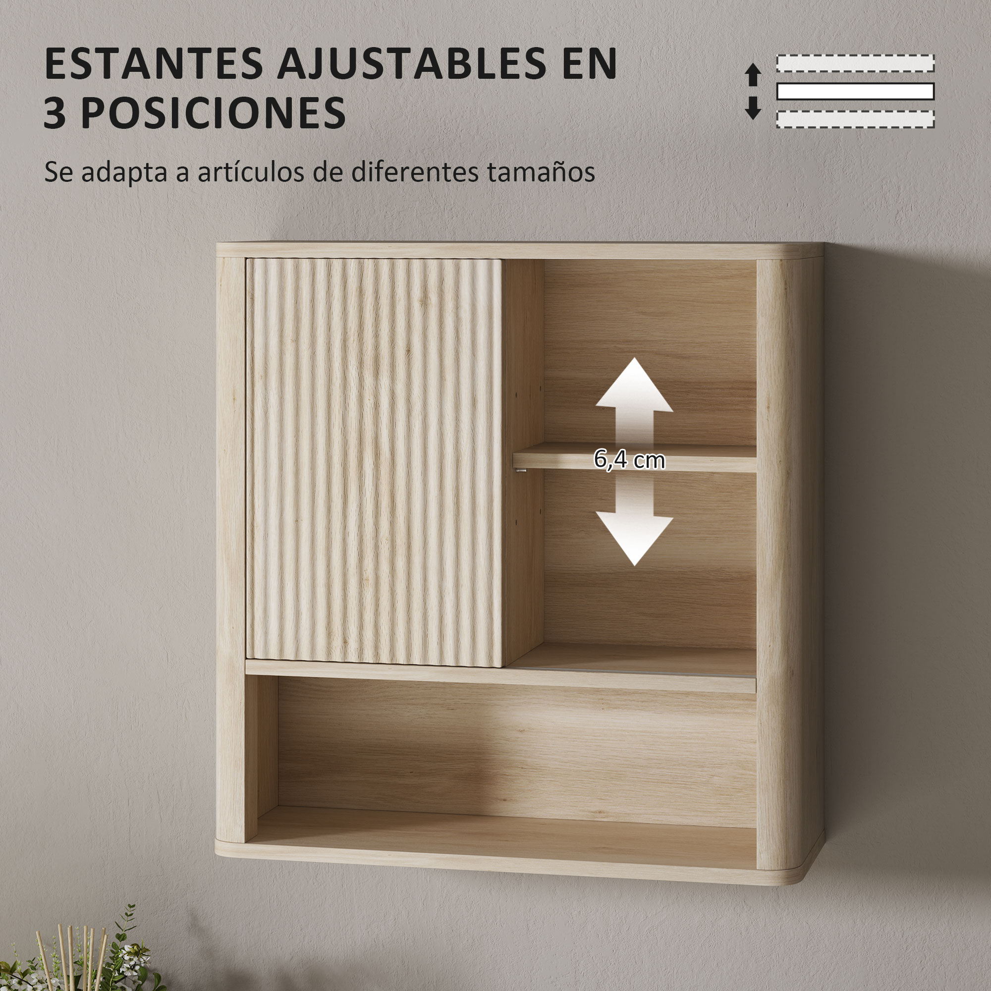Una estantería de madera clara en pared gris, con flechas indicando altura ajustable.