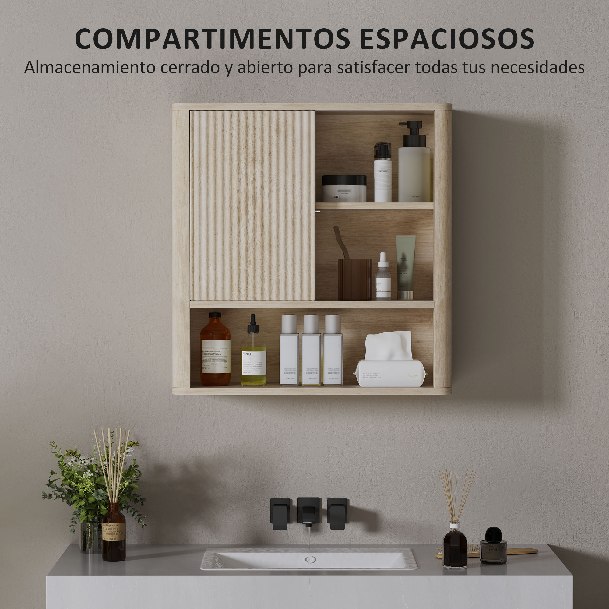 Un armario de madera con puerta corredera sobre un lavabo con dispensadores.