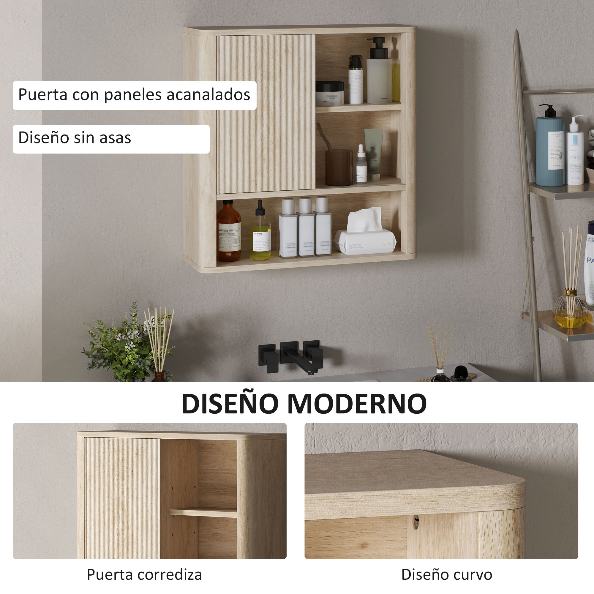 Armario de baño de madera clara con puerta acanalada, lleno de botellas y jabón.