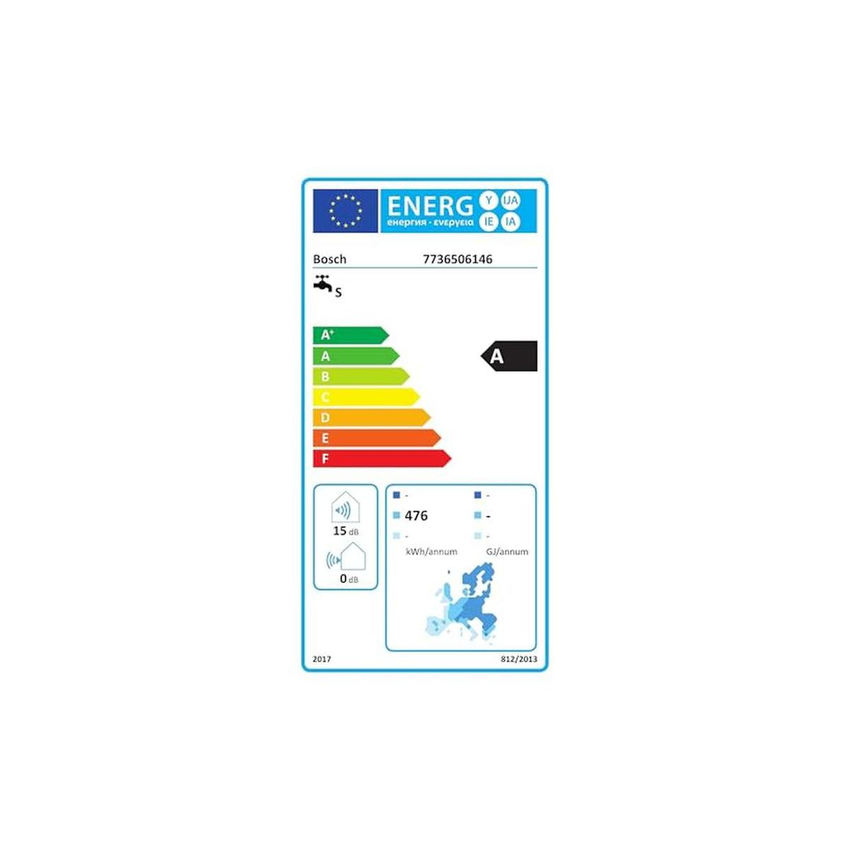 Energielabel für Bosch mit Energieeffizienzklasse A, 476 kWh/annum, 15 dB Geräuschpegel.