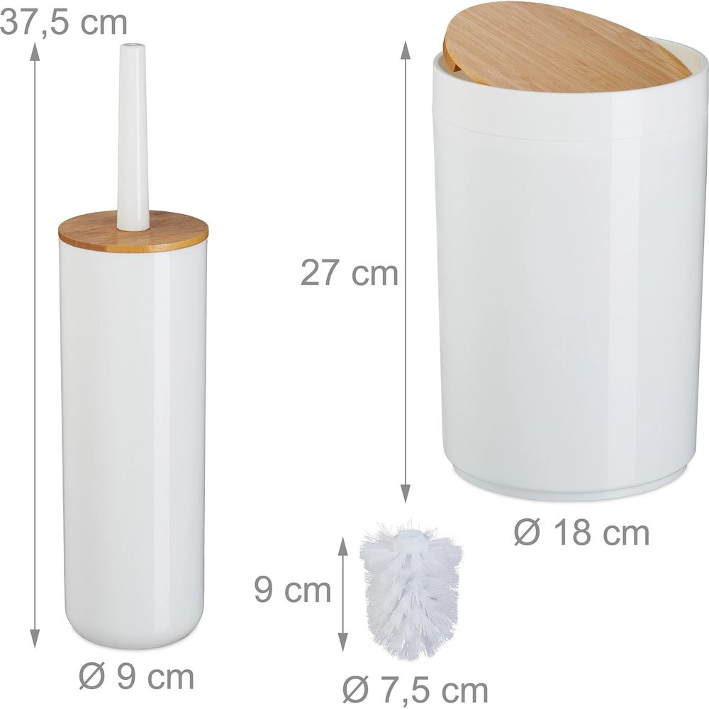 Weiße Toilettenb ürste mit Holzdeckel und Maßen.