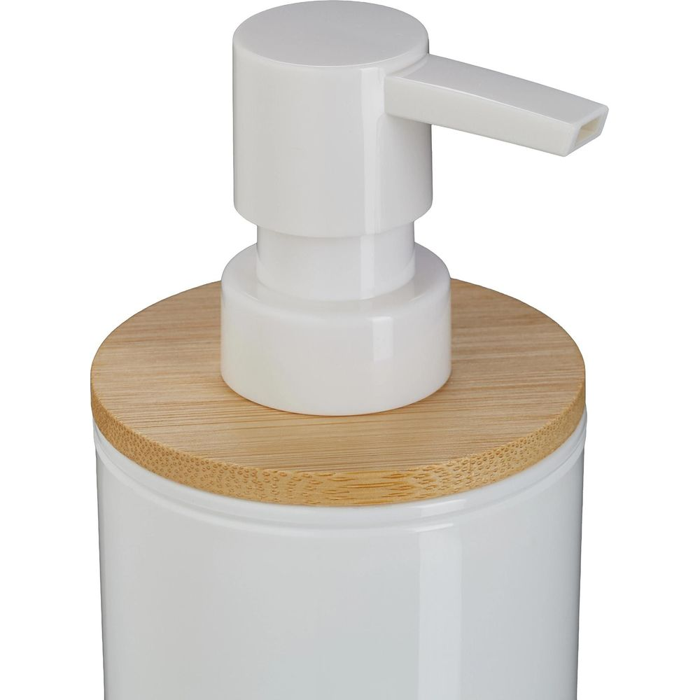 Eine weiße Seifenspenderpumpe mit einem Holzboden.