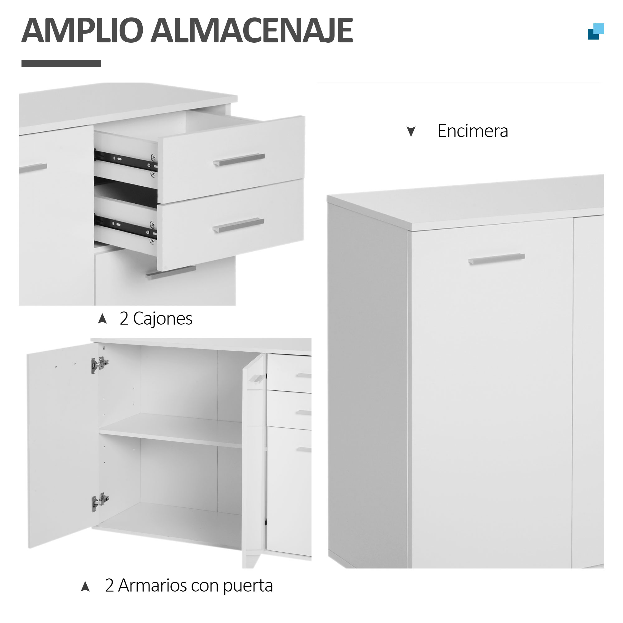 Cómoda blanca con cajones y puertas abiertos que muestran espacio.