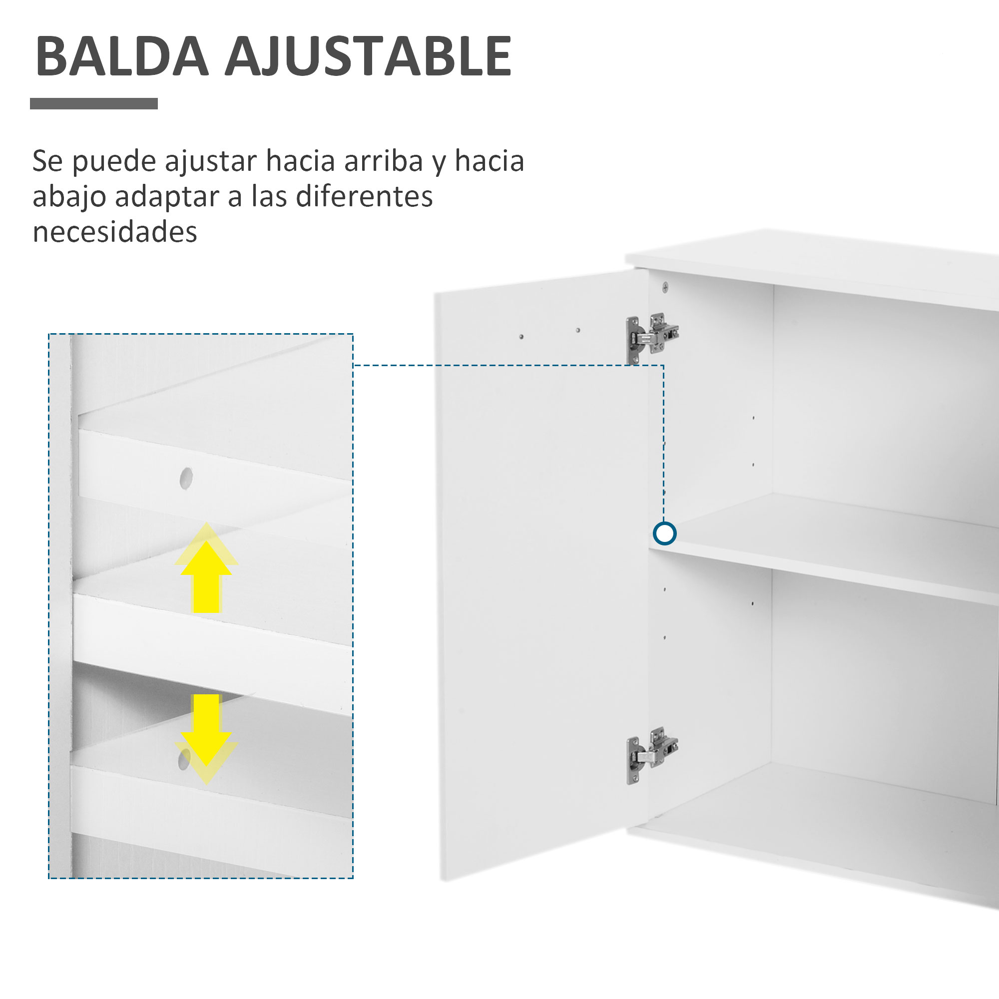Gabinete blanco con puerta abierta, mostrando estantes ajustables.