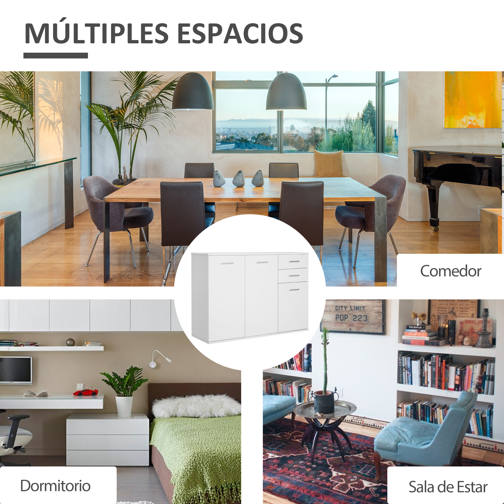 Múltiples espacios de vida: comedor, dormitorio y sala de estar.