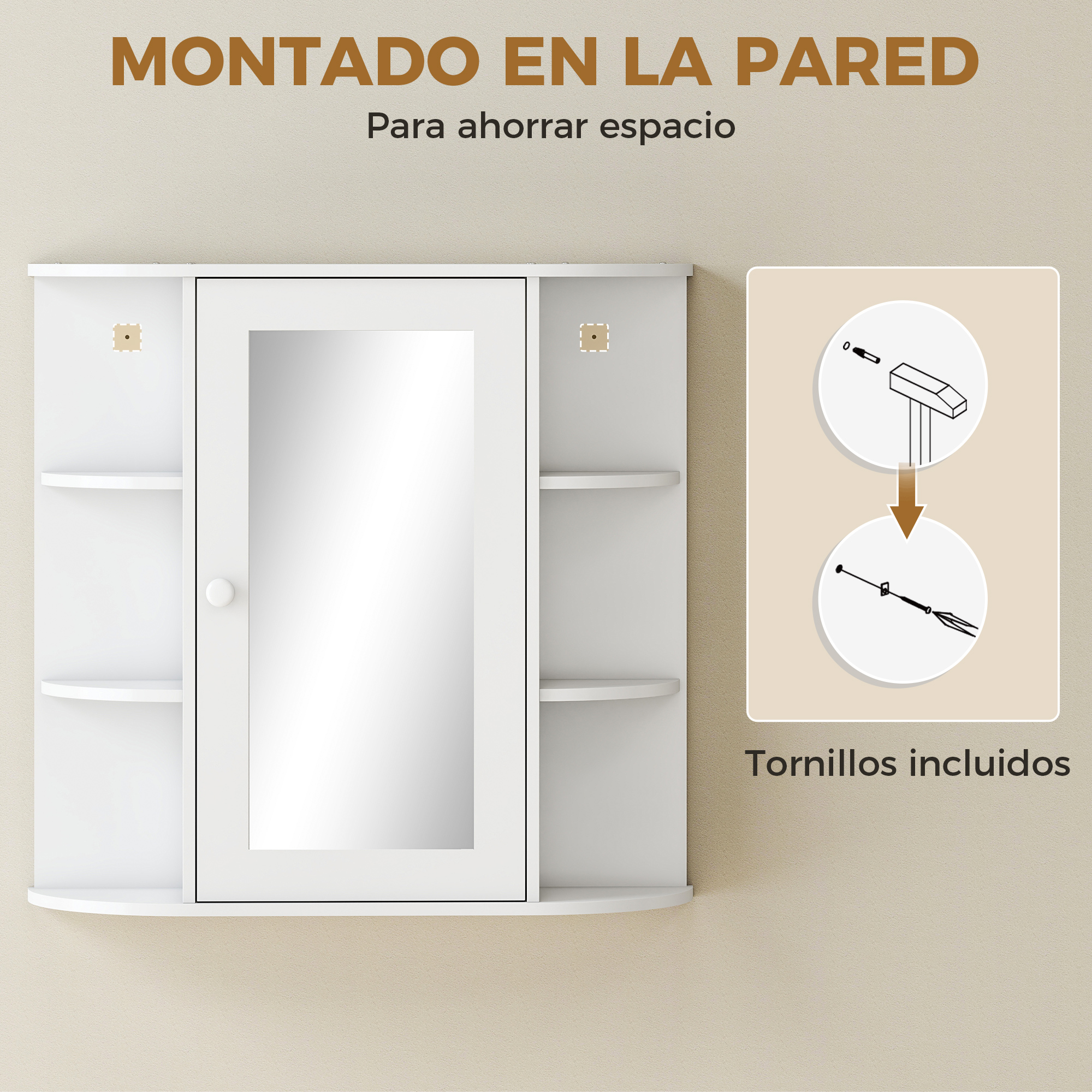 Un mueble de pared blanco con puerta de espejo y estantes abiertos. Incluye instrucciones.