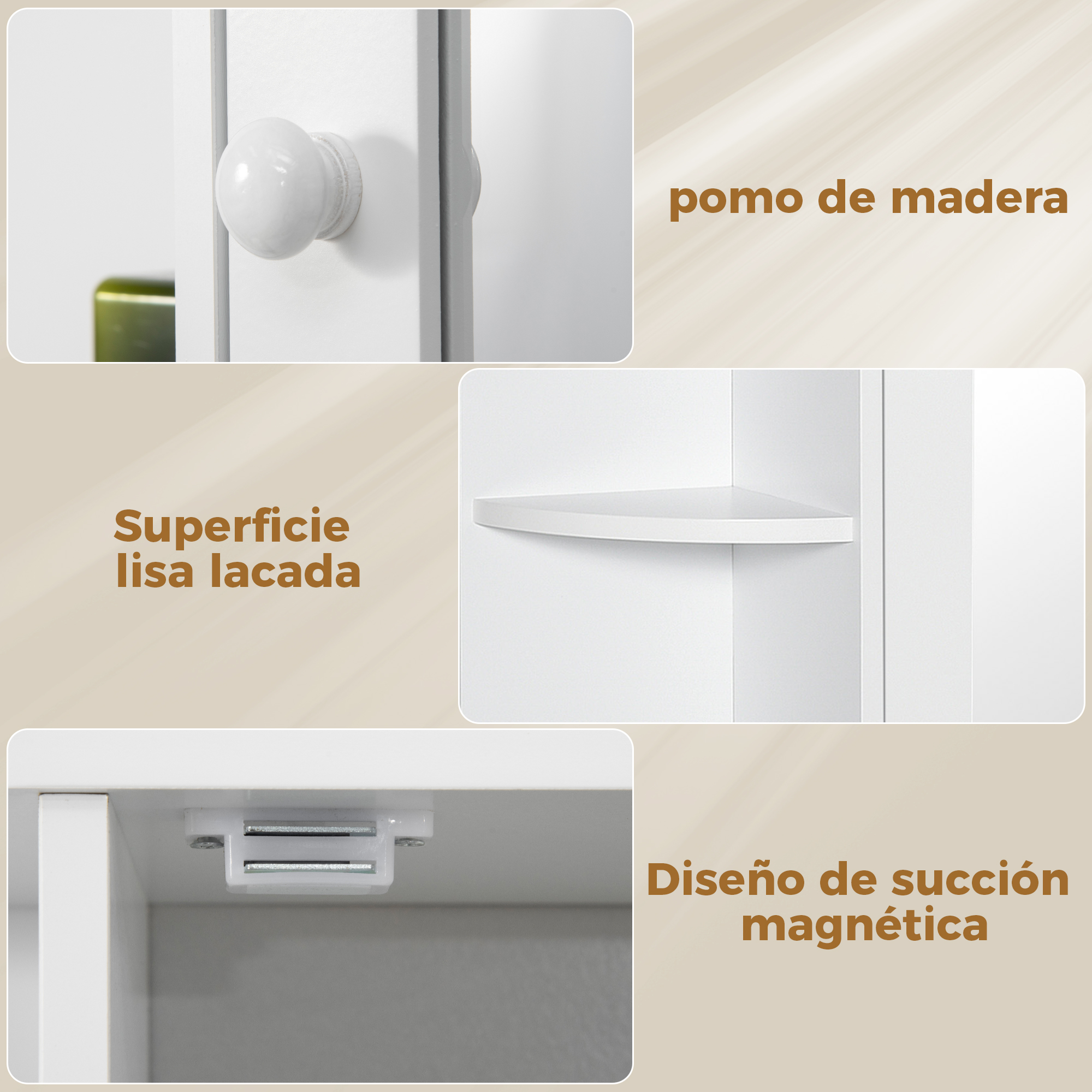 Detalles de muebles blancos: pomo madera, superficie lisa, estante angular, cierre magnético.