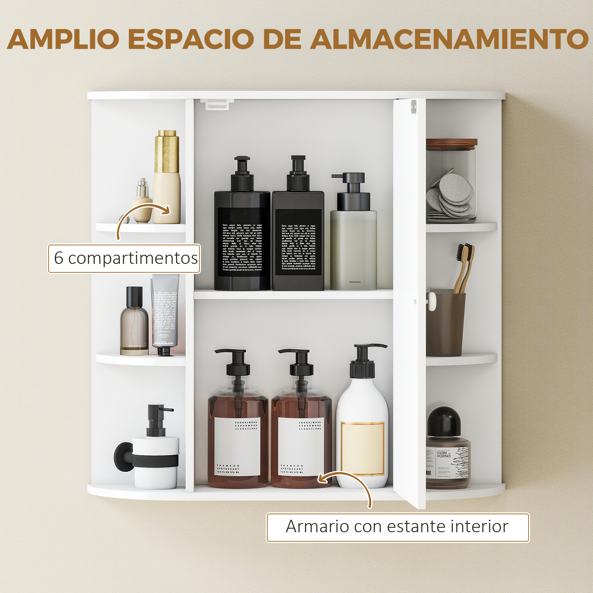 Un botiquín blanco con estantes, lleno de artículos de baño como jabón y cepillos de dientes.