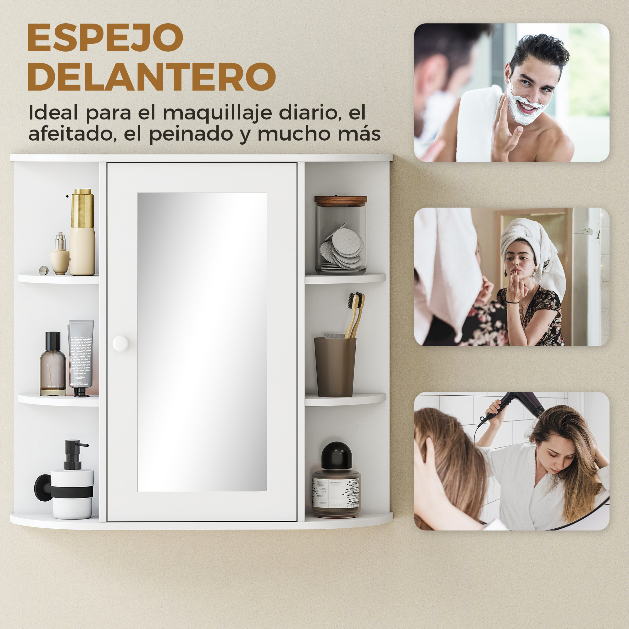 Un armario blanco con espejo y estantes, con varios artículos de baño.