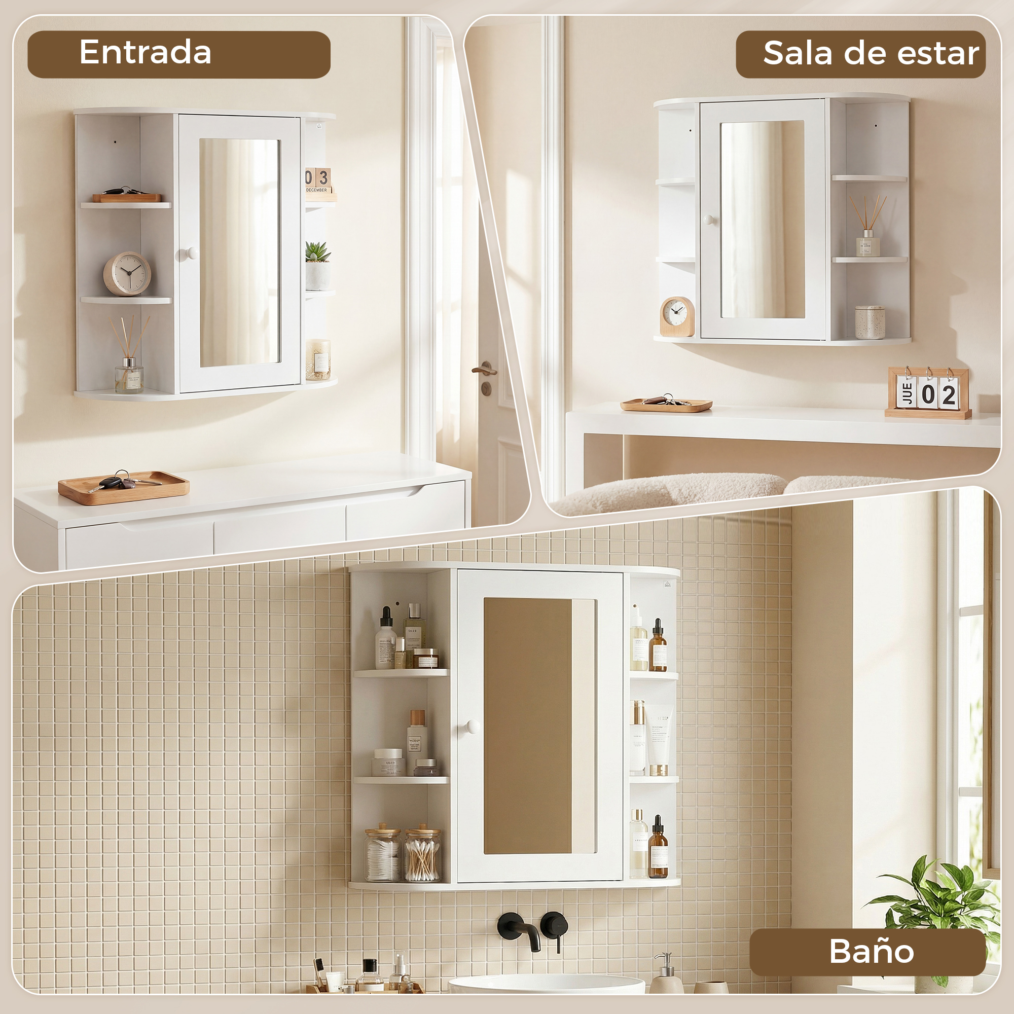 Un armario de esquina blanco con espejo y estantes, lleno de decoraciones y artículos de baño.