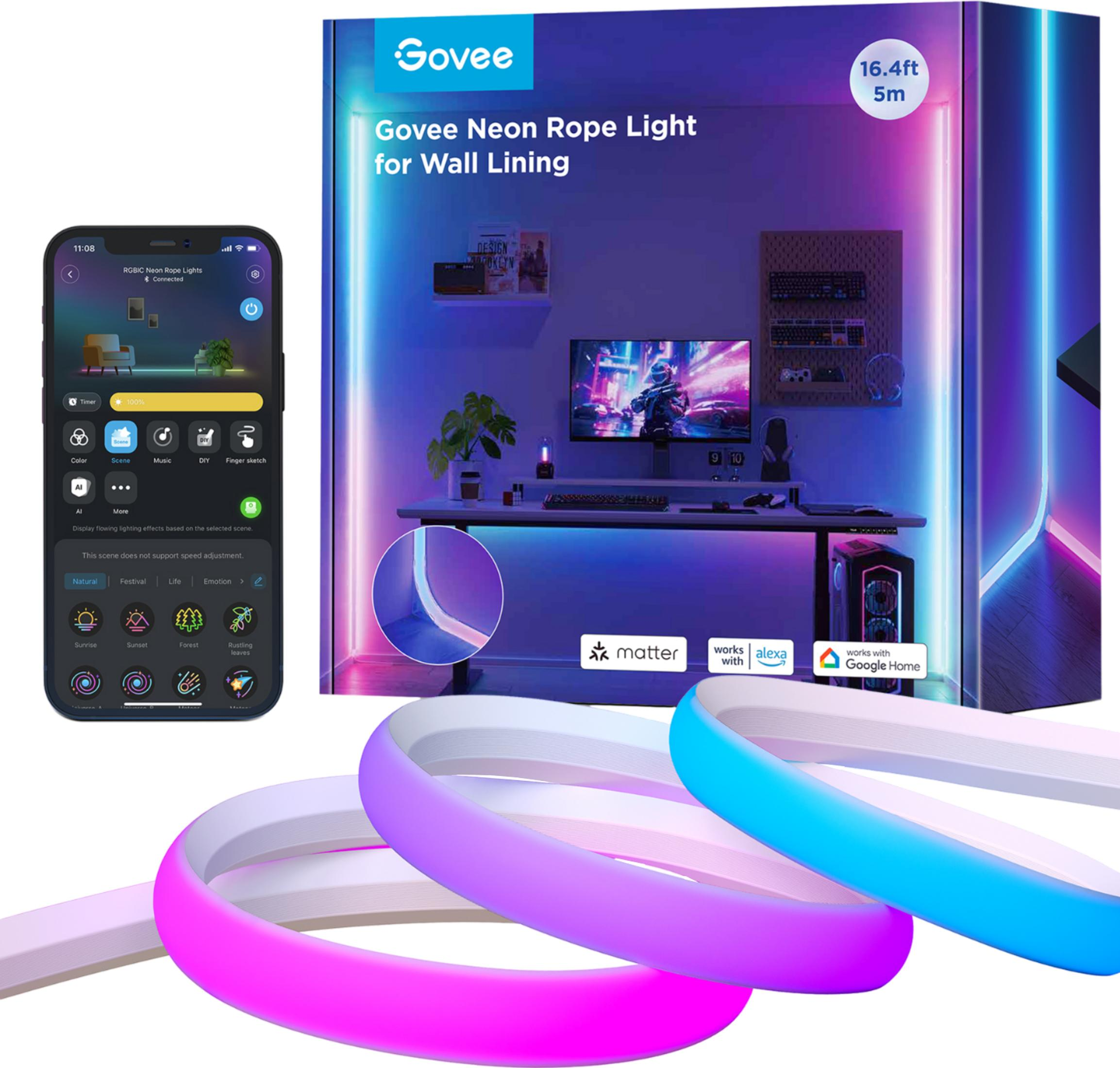 Luci di corda al neon Govee confezionate con controllo app per telefono e illuminazione da scrivania.