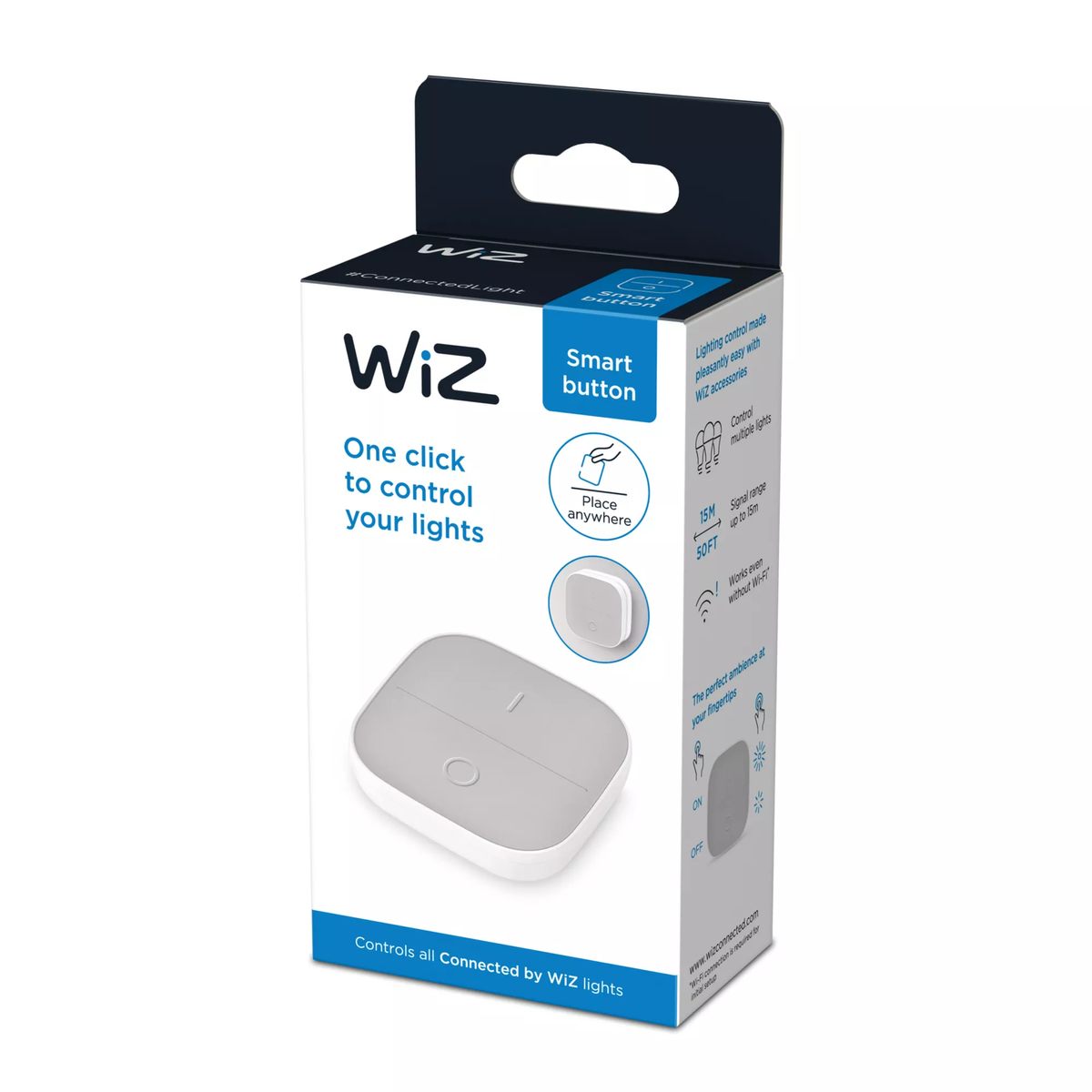 Wiz Smart Button doos, met knop, functies en Wi-Fi bereik.