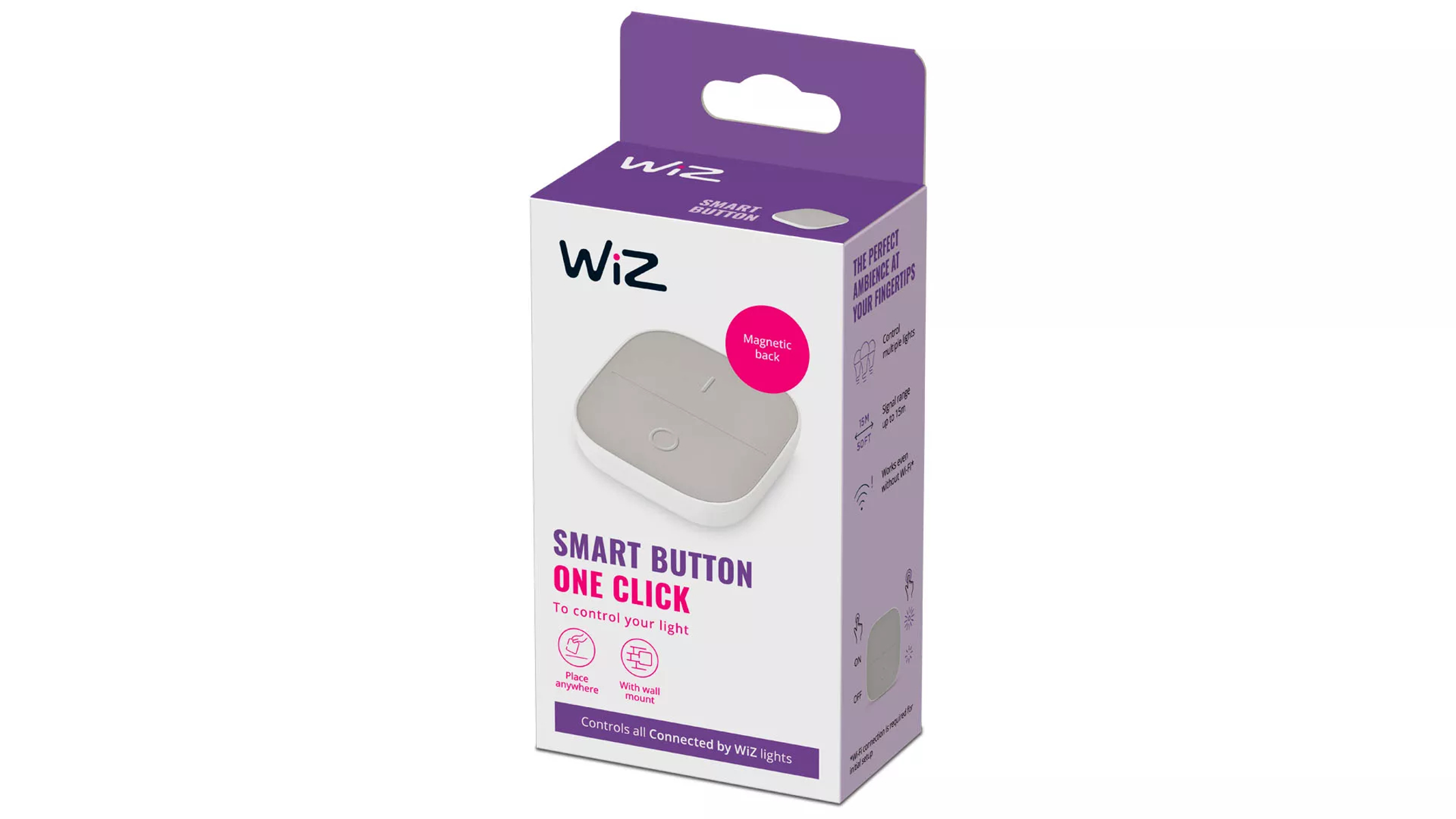 Wiz Smart Button verpakking met grijze afstandsbediening en paarse accenten.