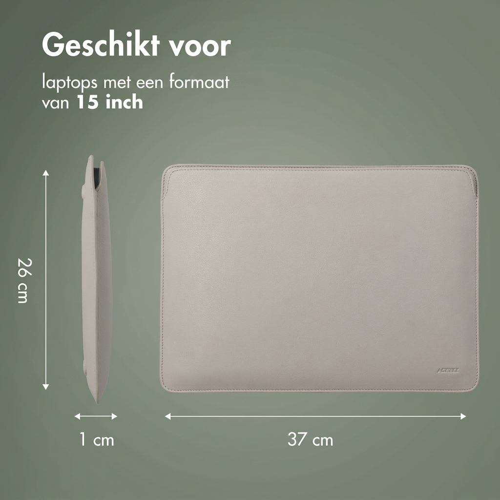 Een lichtbeige laptoptas, 26cm hoog, 37cm breed, 1cm dik. Voor 15-inch laptops.