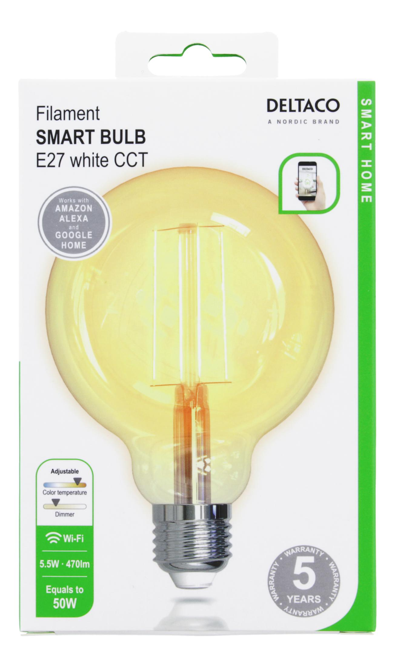 Verpackung einer smarten E27 Glühbirne mit Filament-Optik, gelb.