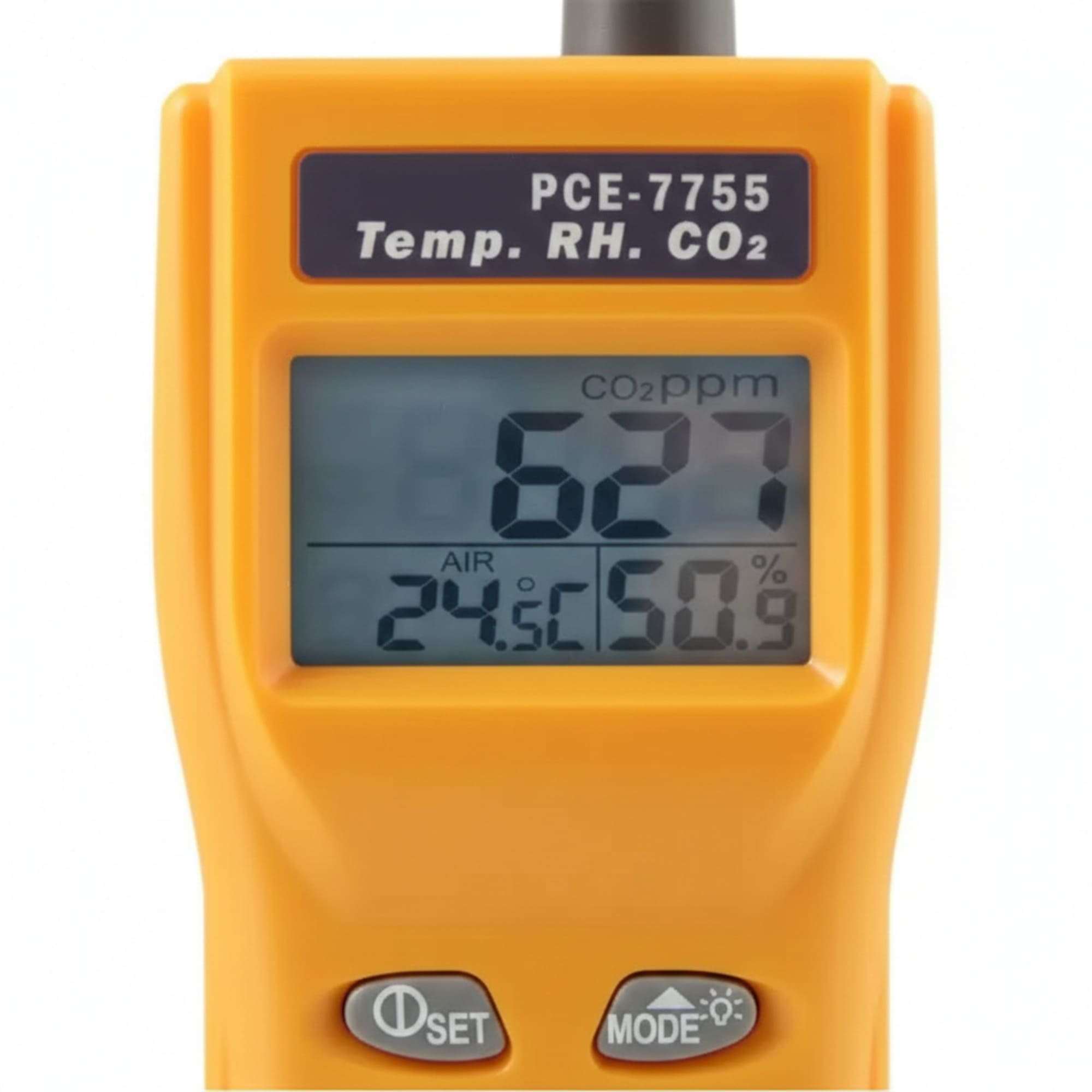 Un medidor amarillo muestra 627 ppm de CO2, 24,5°C de aire y 50,9% de humedad.