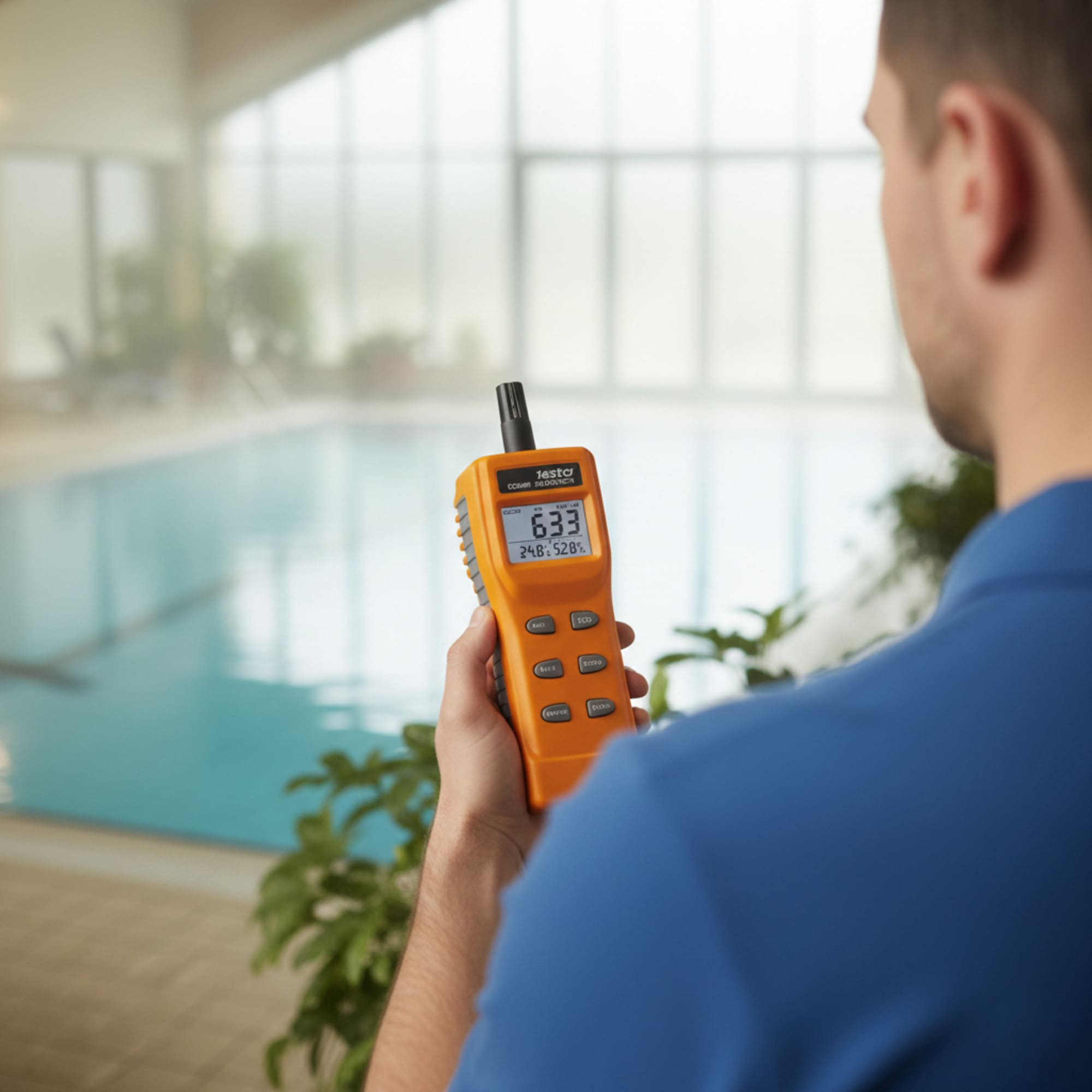 Hombre sostiene dispositivo de medición naranja junto a piscina.