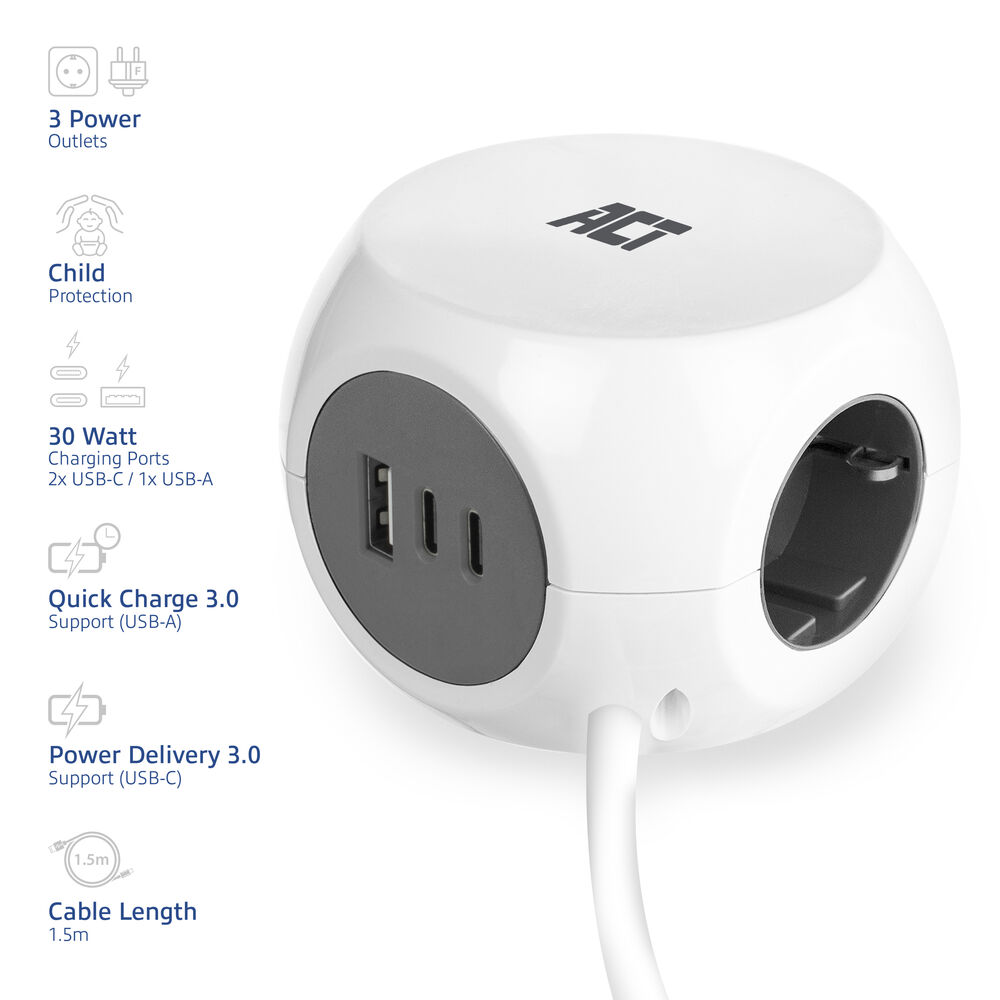 A white cube power adapter with 3 outlets, 2x USB-C and 1x USB-A ports. ACT logo.