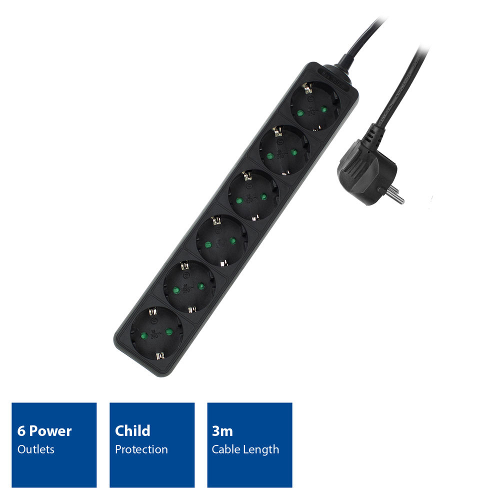 Black power strip with 6 outlets and a plug.