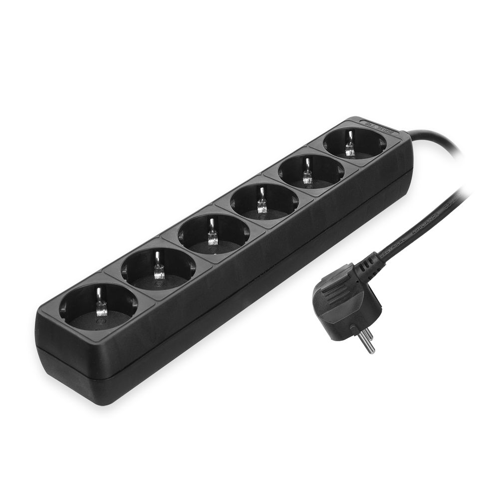 Black power strip with five sockets and a plug.