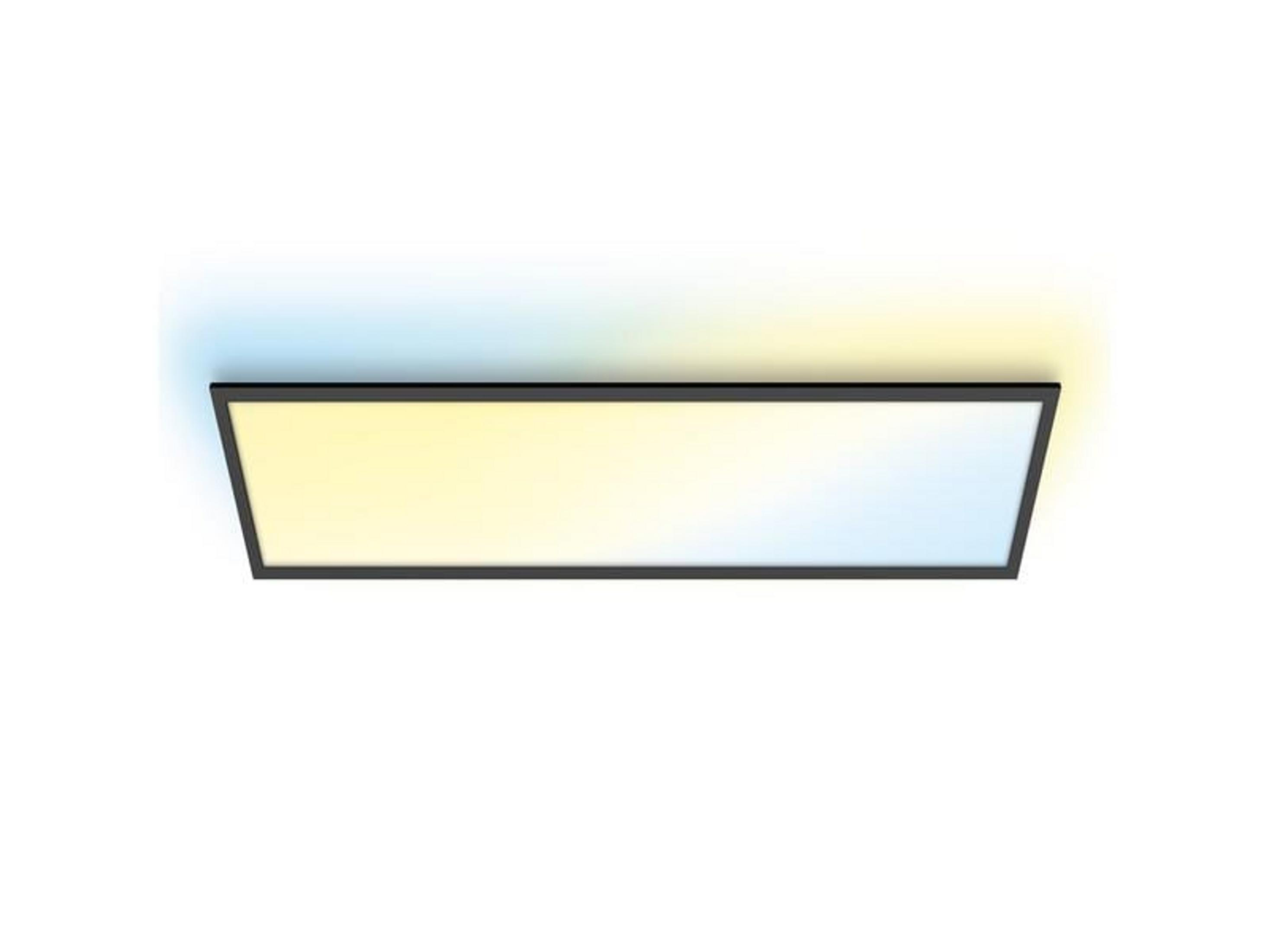 Un pannello luminoso rettangolare con cornice nera, che emette luce calda e fredda.