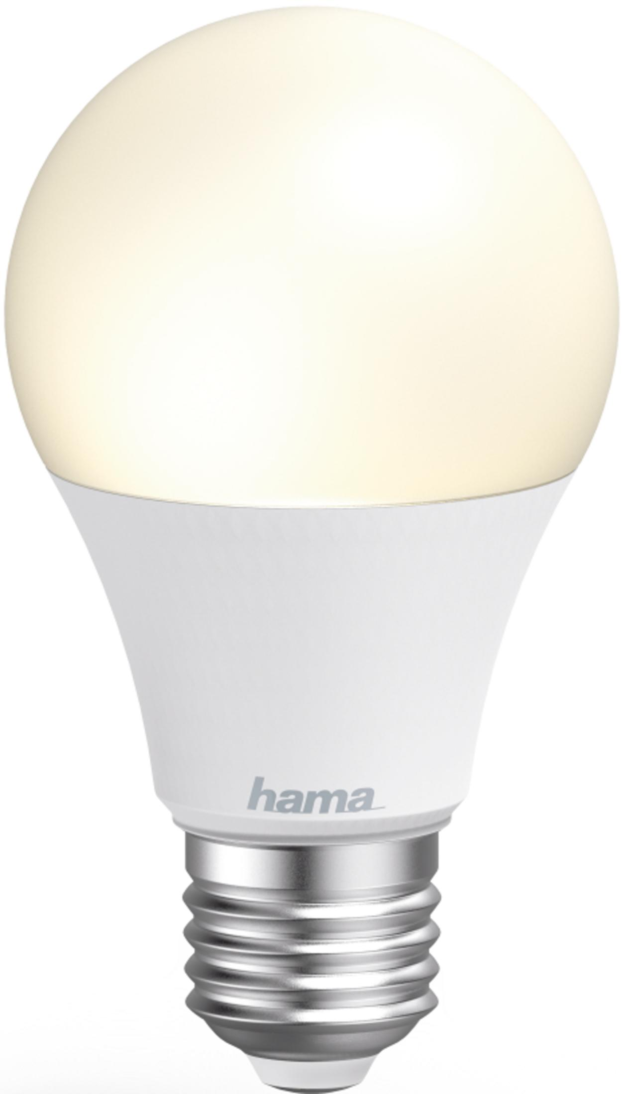 Una bombilla LED blanca con base de rosca plateada y el logo Hama.