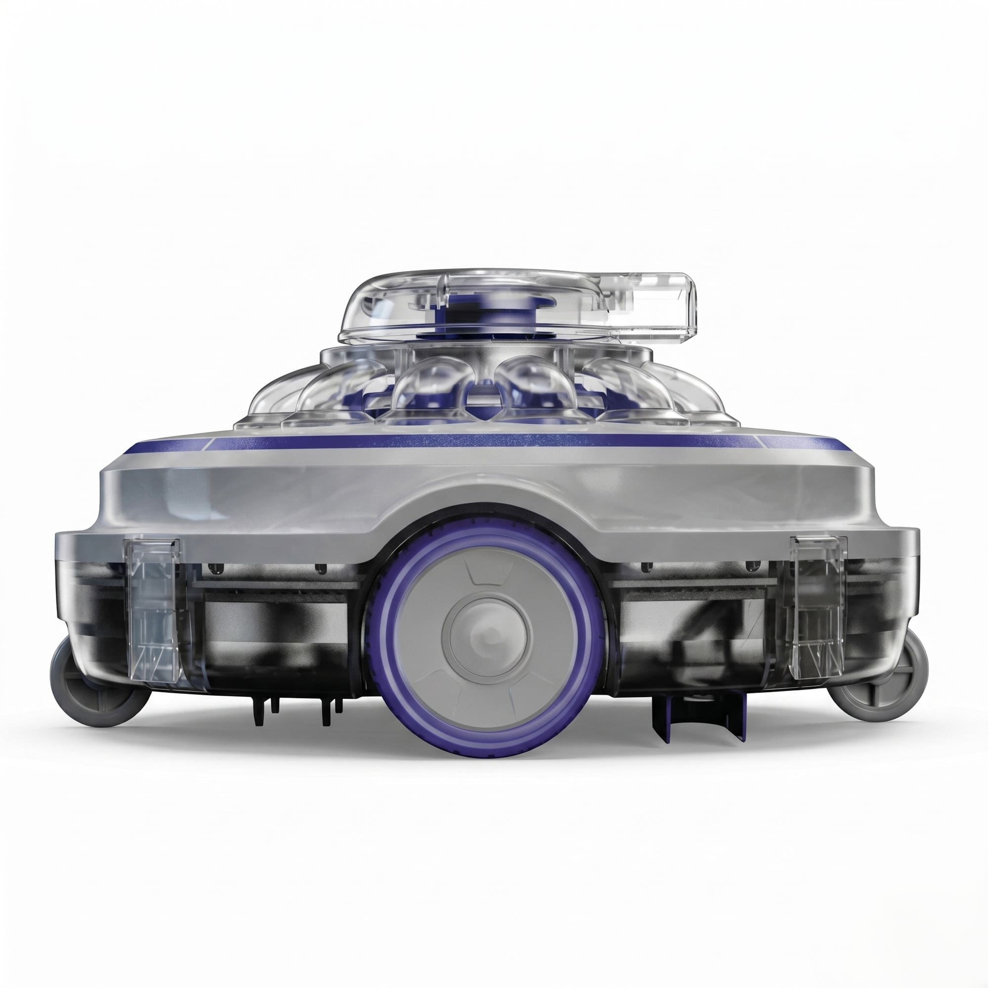 Un robot aspirador transparente con detalles azules y ruedas.