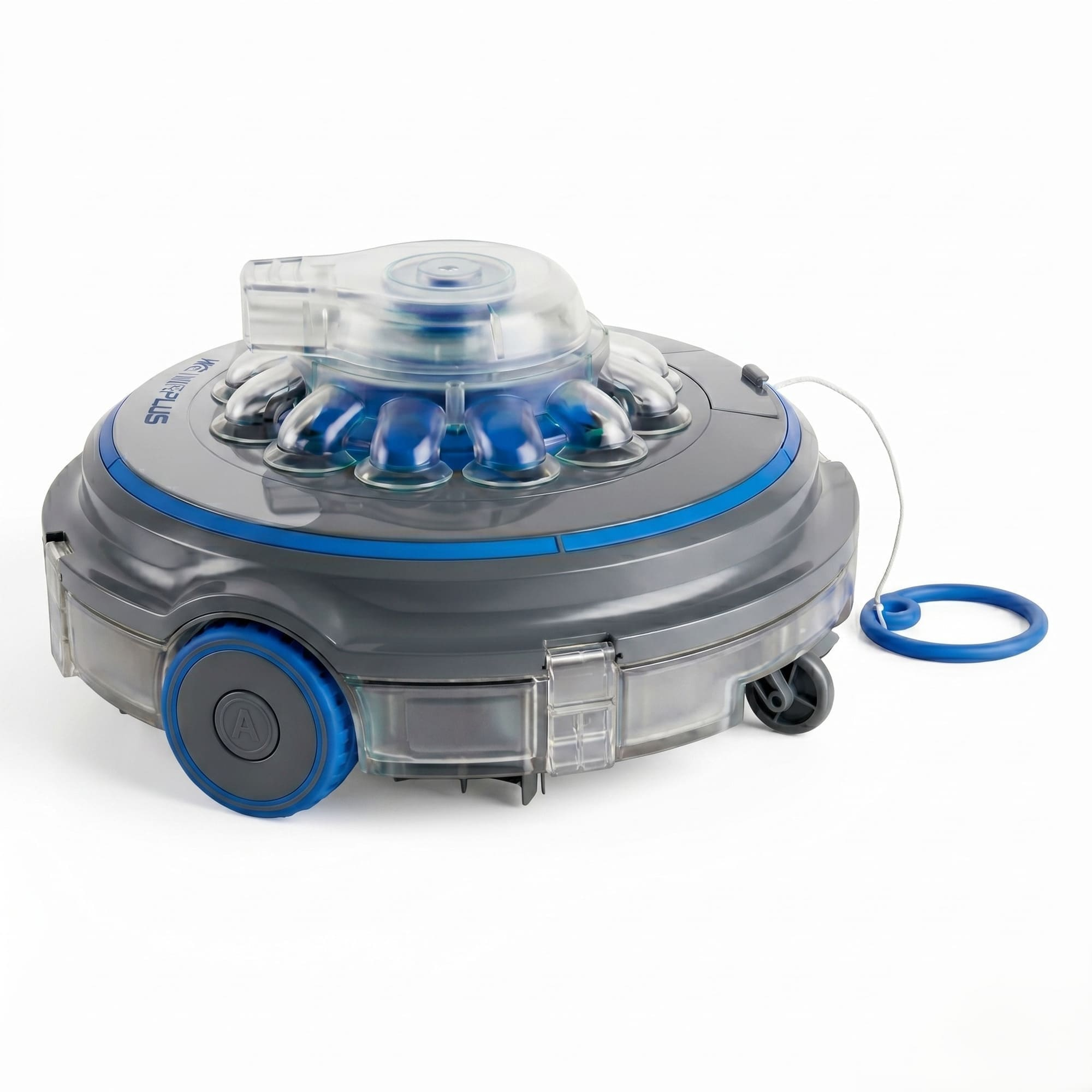 Una aspiradora robot gris con detalles azules sobre fondo blanco.