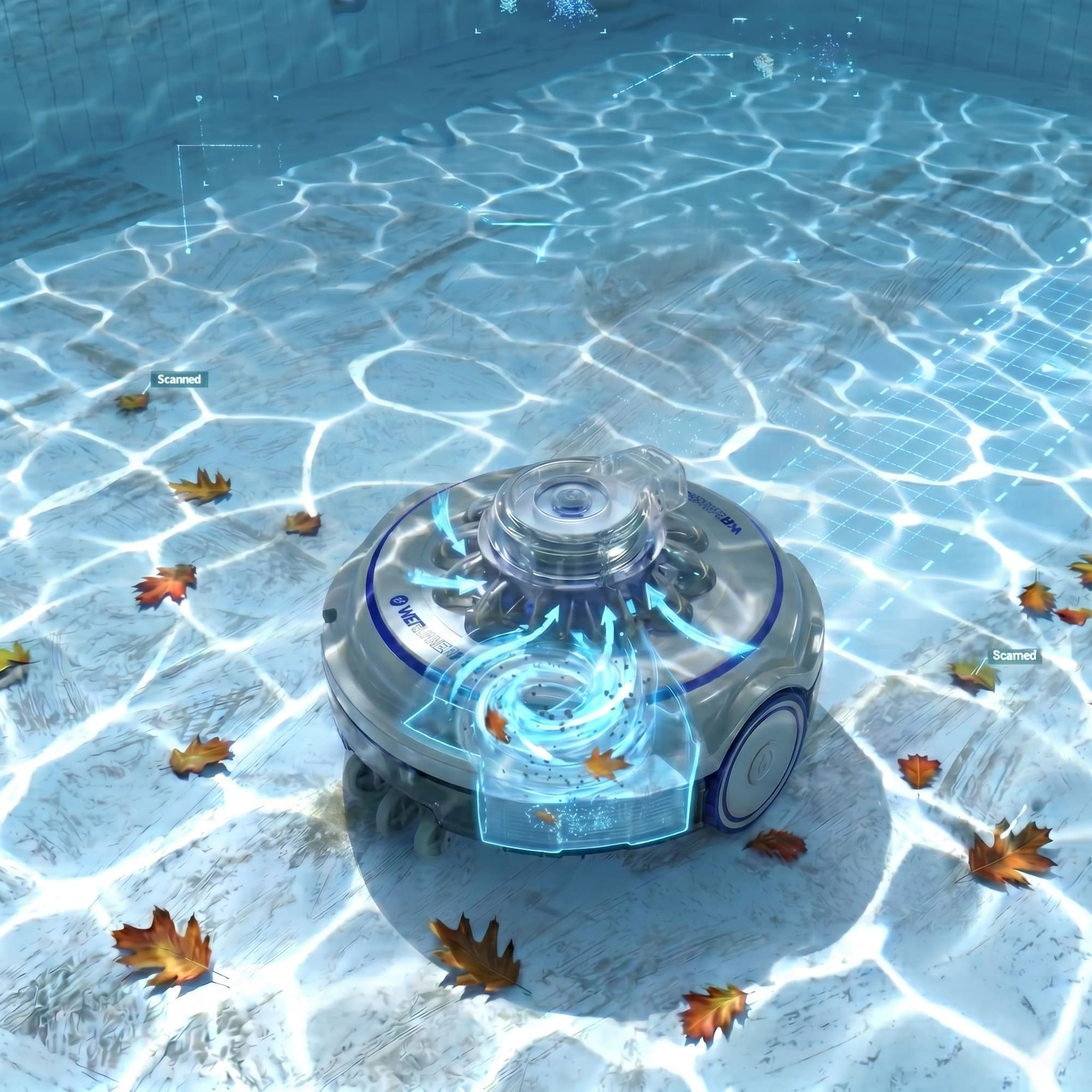 Un robot limpiafondos recoge hojas en la piscina, con reflejos del agua.