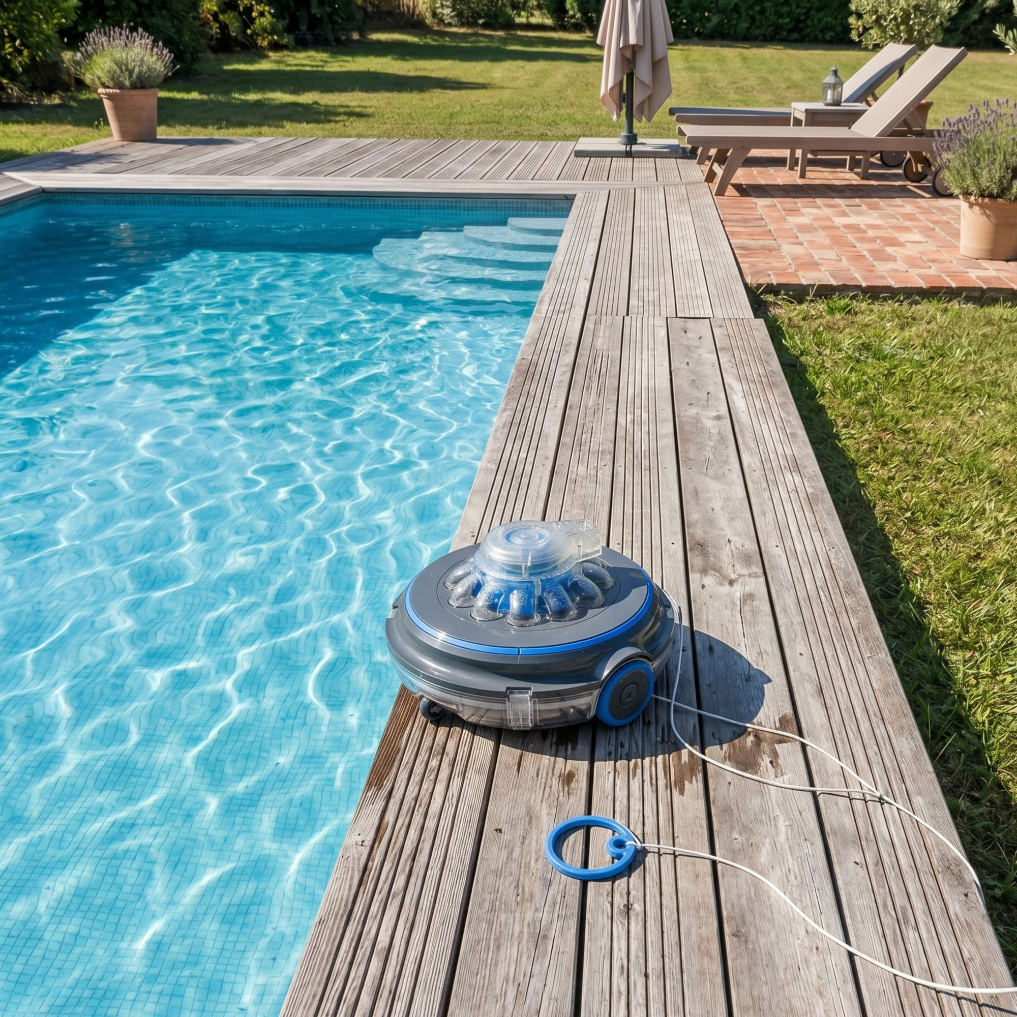 Un limpiafondos descansa sobre una terraza de madera junto a una piscina azul.