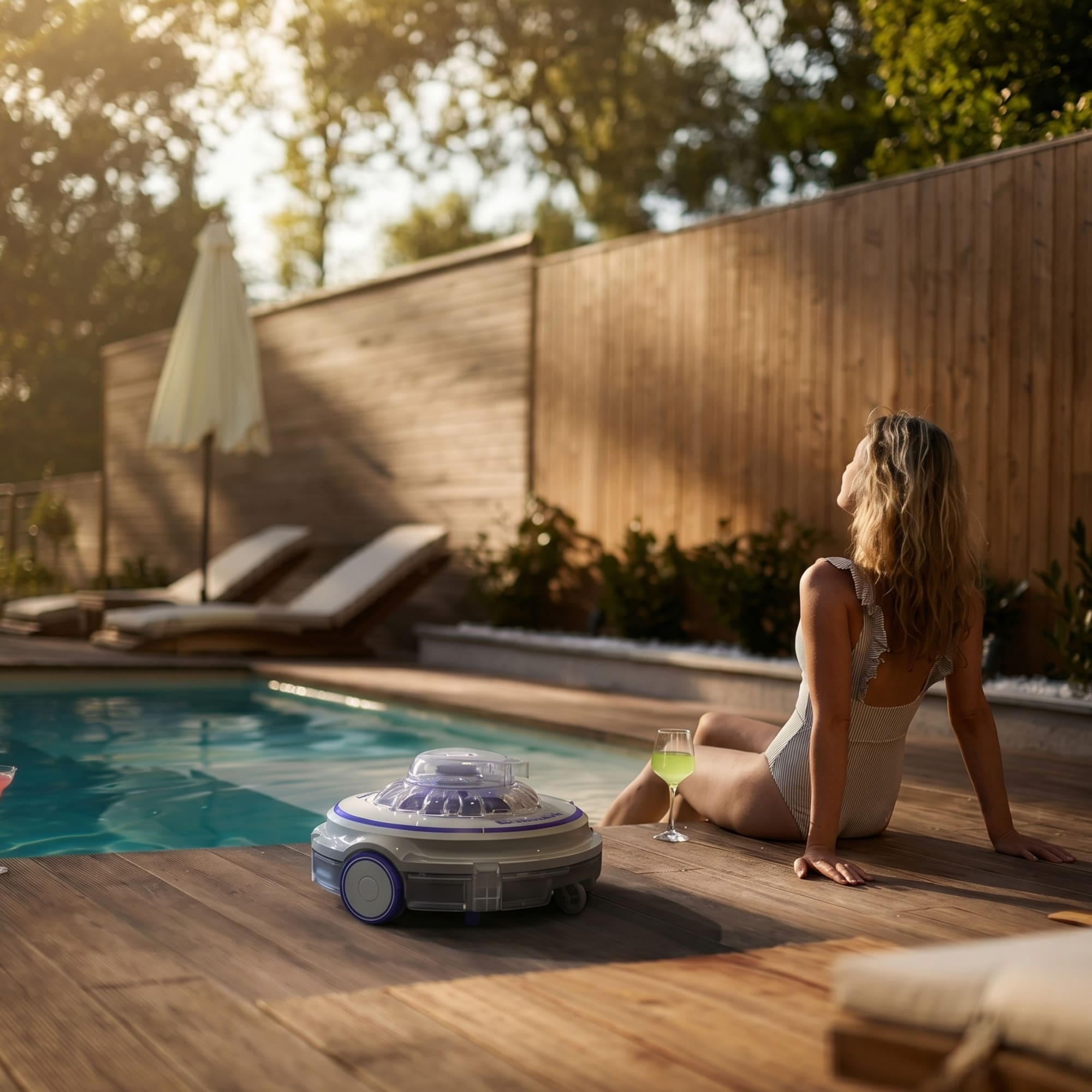 Un robot limpiafondos está en una terraza de madera junto a una piscina. Una mujer sentada.