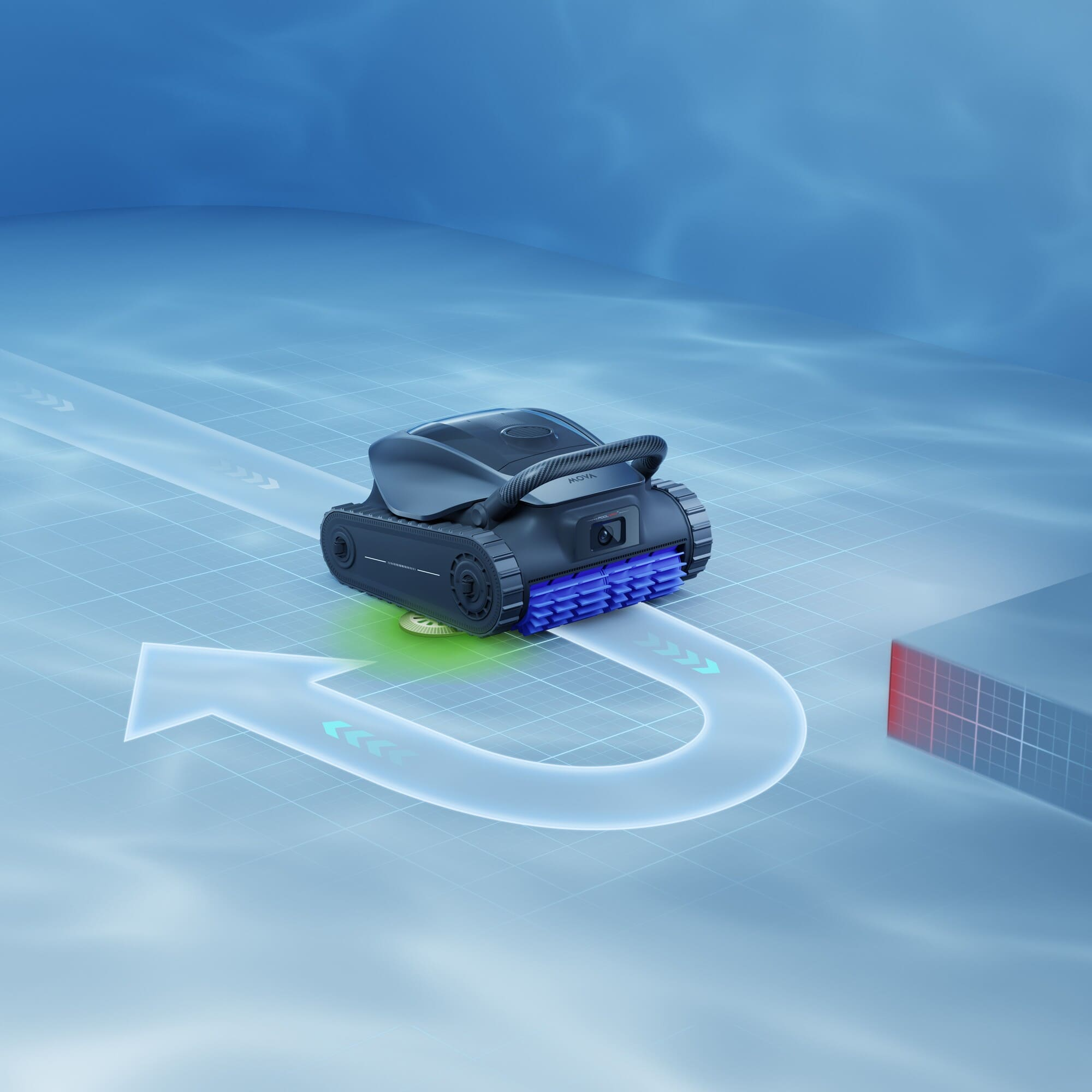 Un robot limpiador de piscinas negro con cepillo azul se mueve sobre un patrón de cuadrícula.