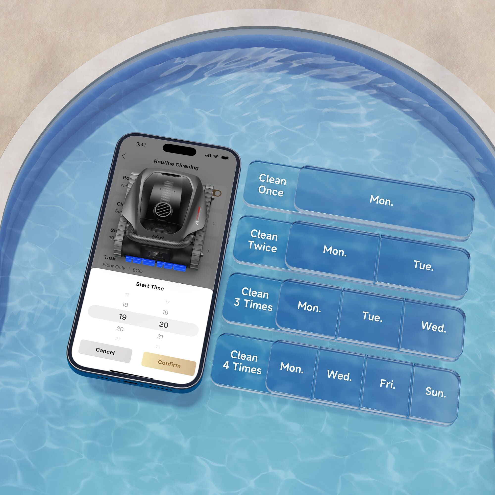 El teléfono muestra la rutina del limpiador de piscina. Opciones: Limpiar una, dos, tres, cuatro veces.
