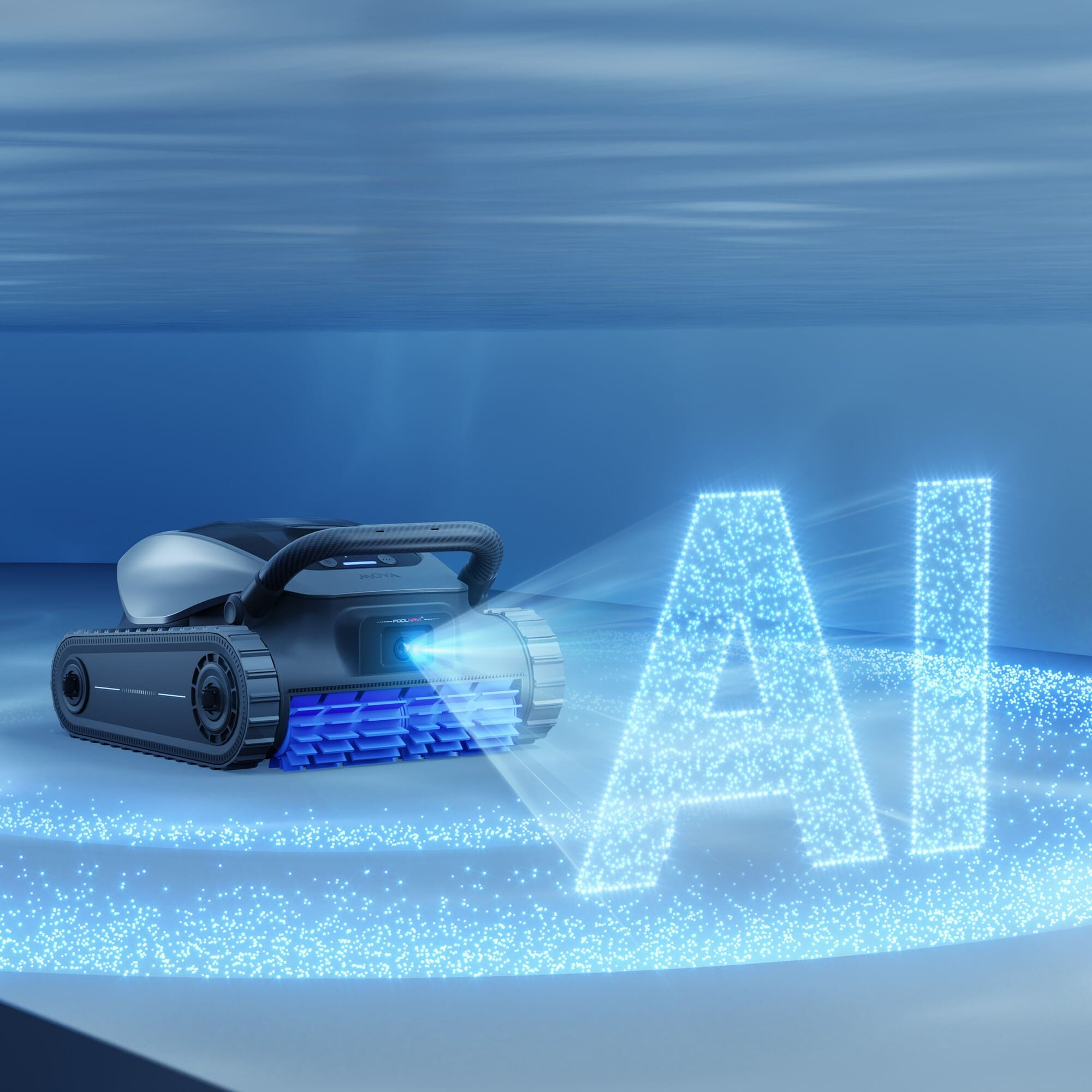 Un robot de piscina con orugas se mueve bajo el agua, proyectando la palabra IA.