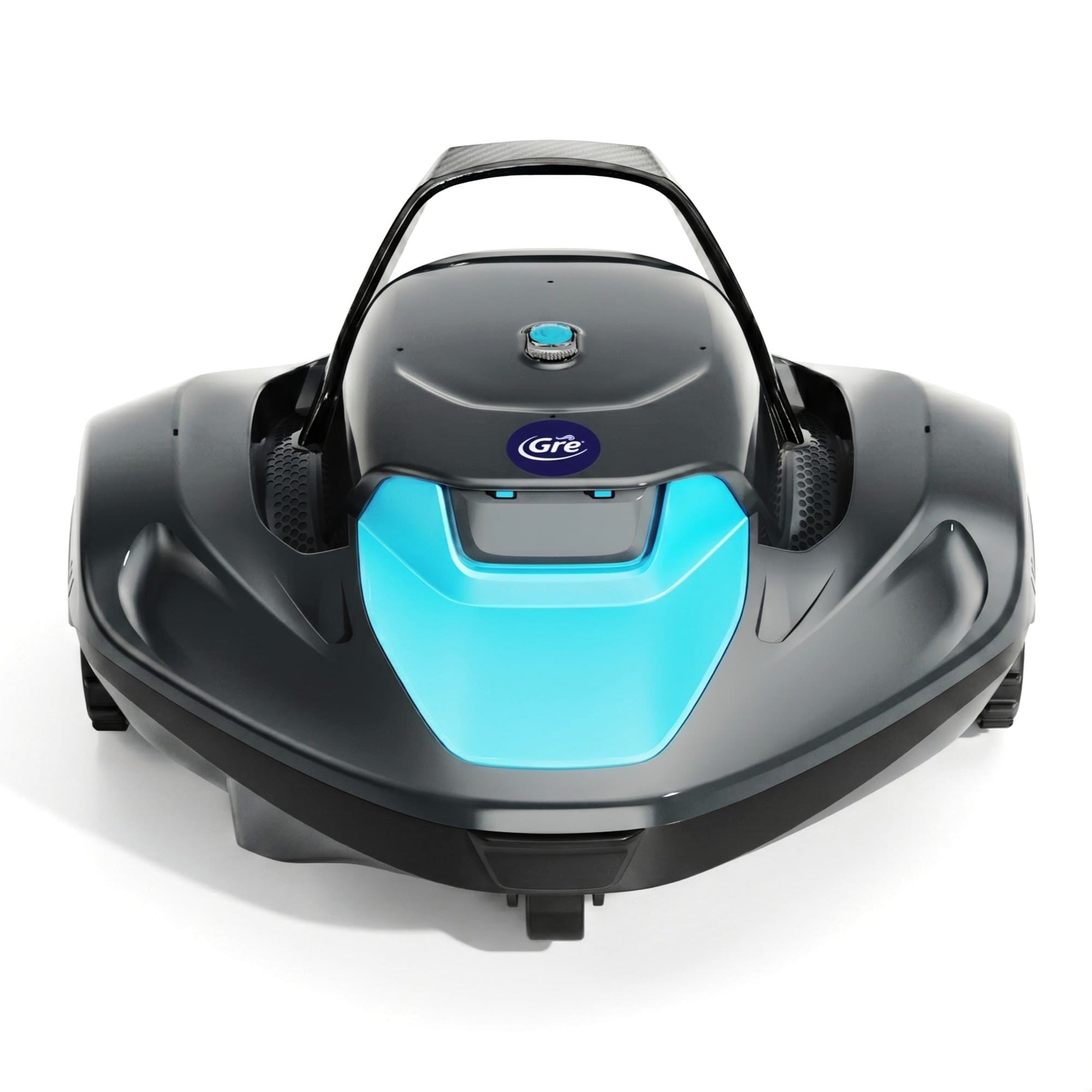 Cortacésped robótico gris y azul con asa y logo de aspecto carbono.