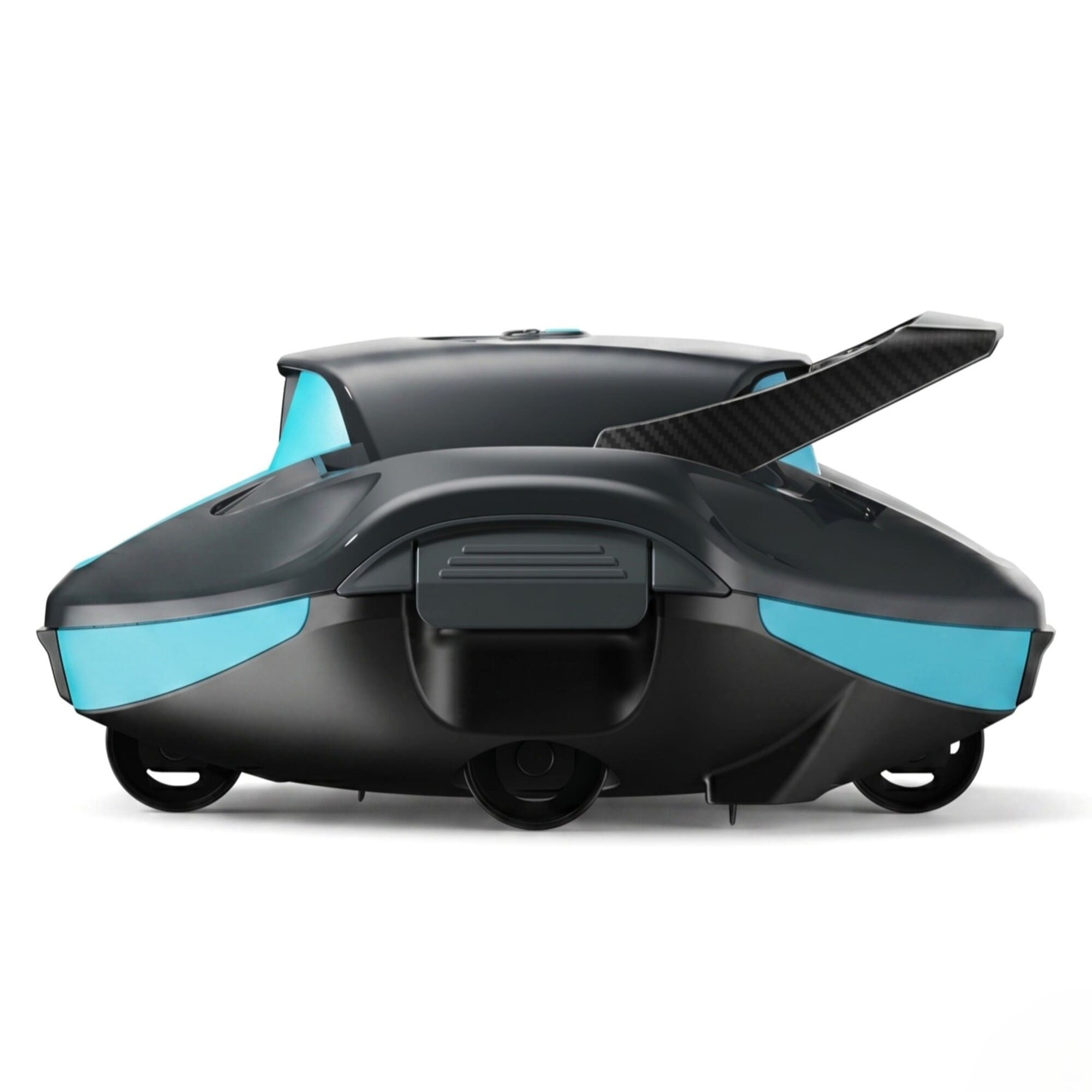 Un robot negro con detalles azules y un ala de fibra de carbono descansa sobre ruedas.
