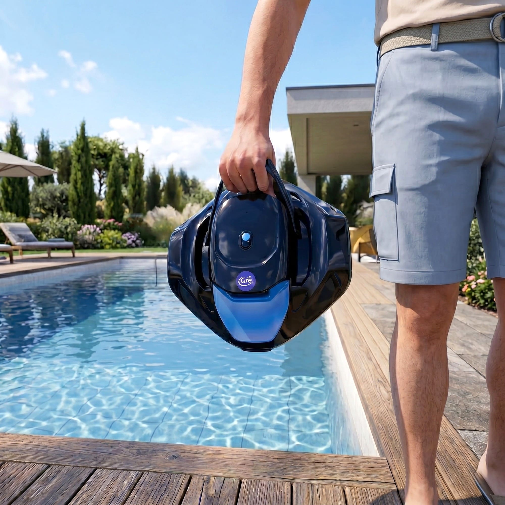 Un hombre sostiene un robot de piscina azul junto a una piscina con cubierta de madera.