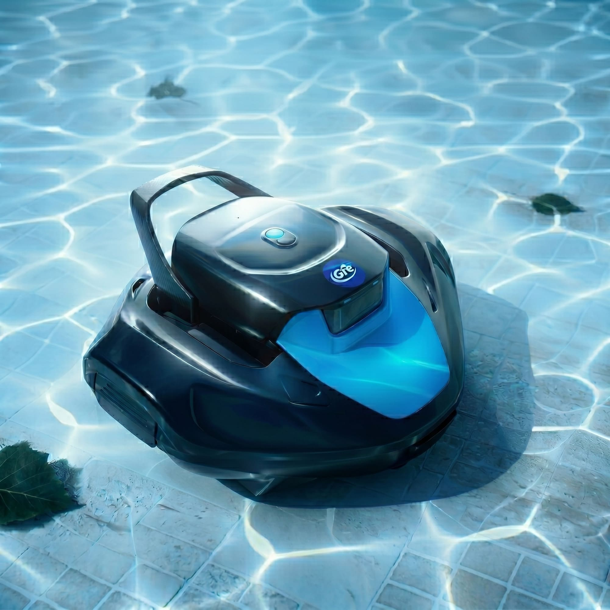 Un robot de piscina negro con detalles azules flota en la piscina.