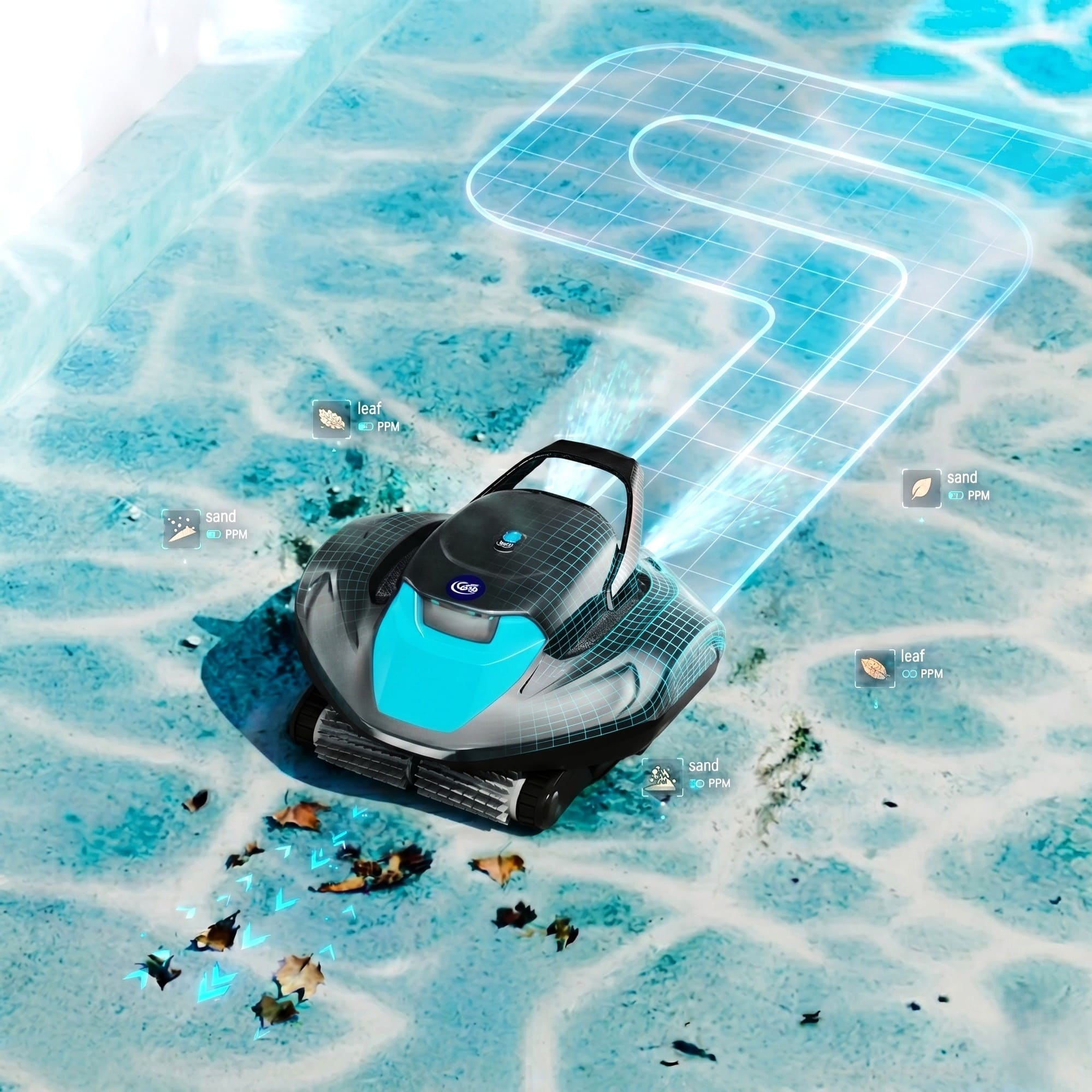 Un robot limpia piscinas, recogiendo hojas y arena. Una ruta de rejilla azul muestra su camino.