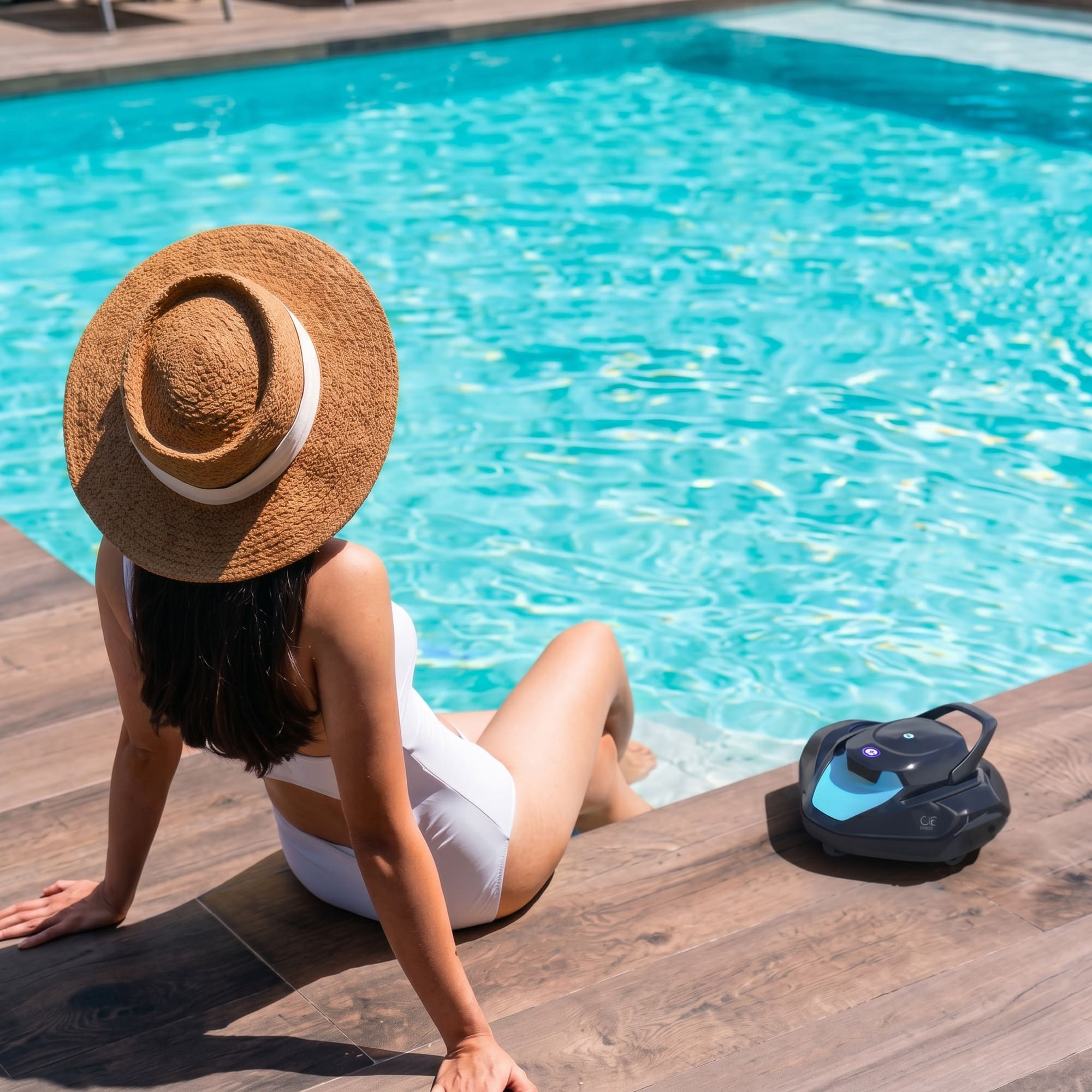 Mujer en traje de baño blanco y sombrero de paja junto a la piscina, con robot limpiador.