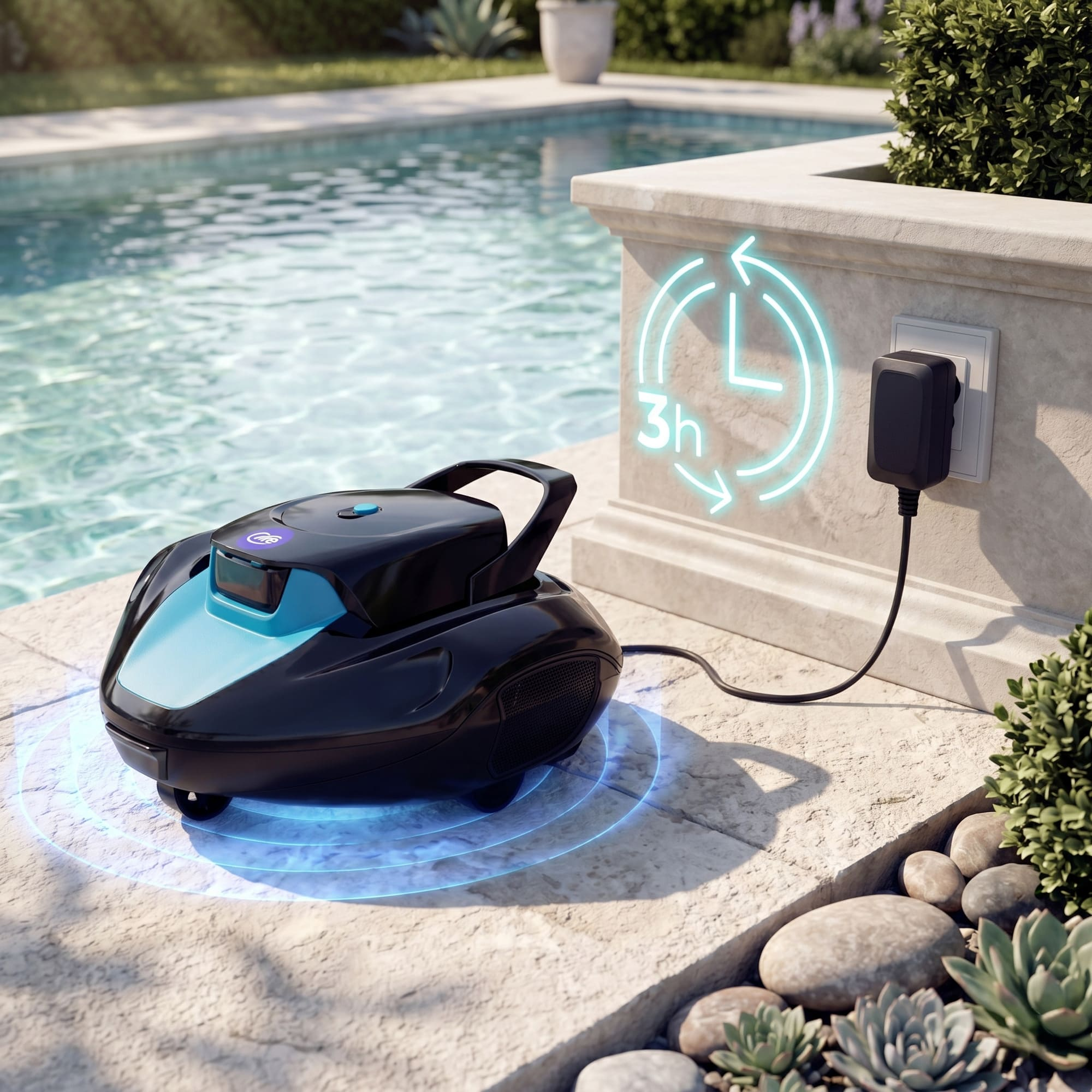 Un robot aspirador de piscina negro con detalles azules se está cargando junto a una piscina.