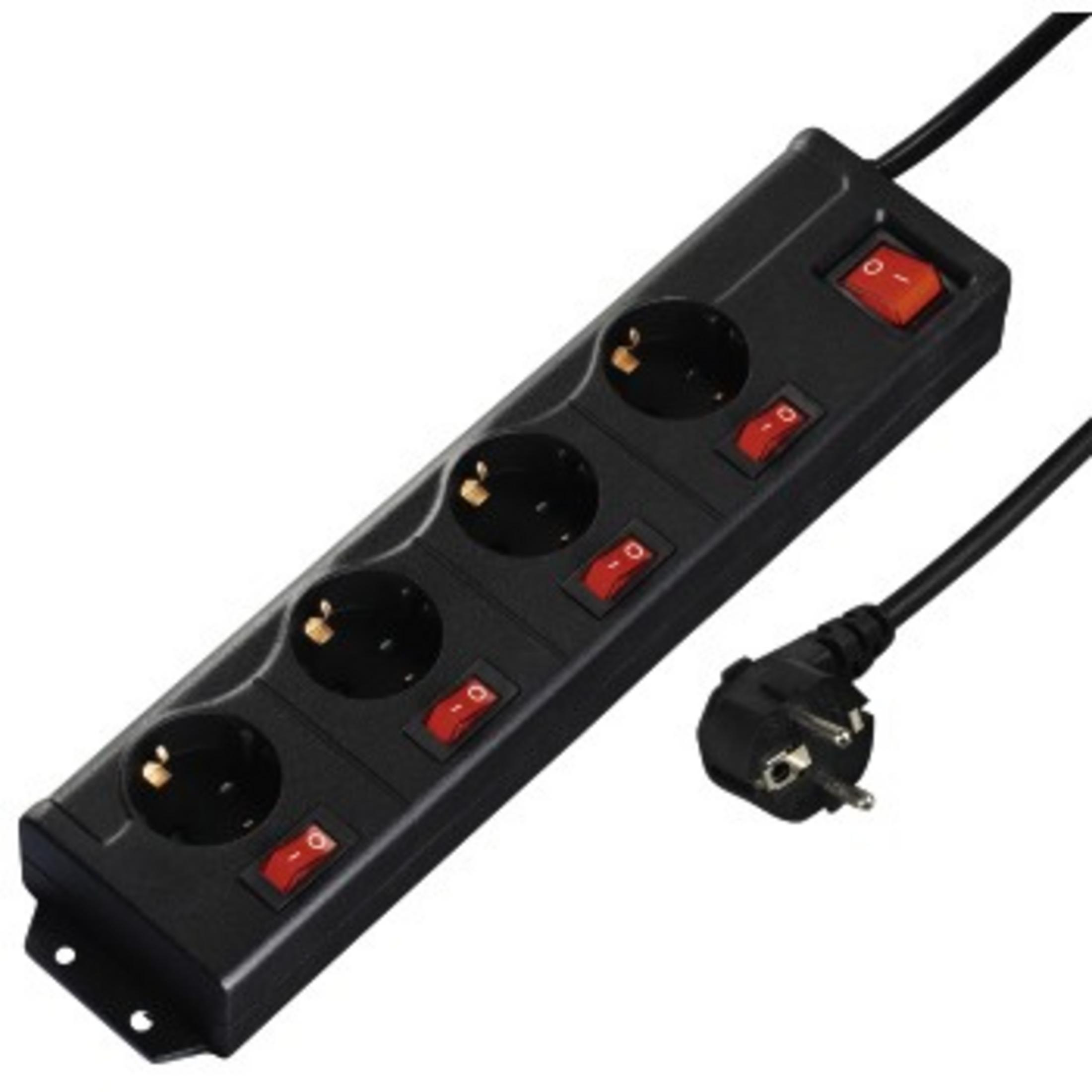 Schwarzes Mehrfachsteckdosenleisten mit roten Schaltern und Stecker.