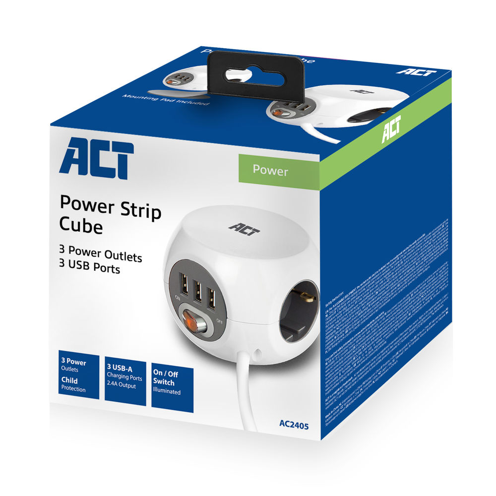 Multiprise cube ACT blanc avec 3 prises et 3 ports USB. Support de montage inclus.