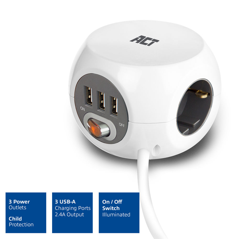 Multiprise blanche ronde avec 3 prises, 3 ports USB-A et interrupteur éclairé.