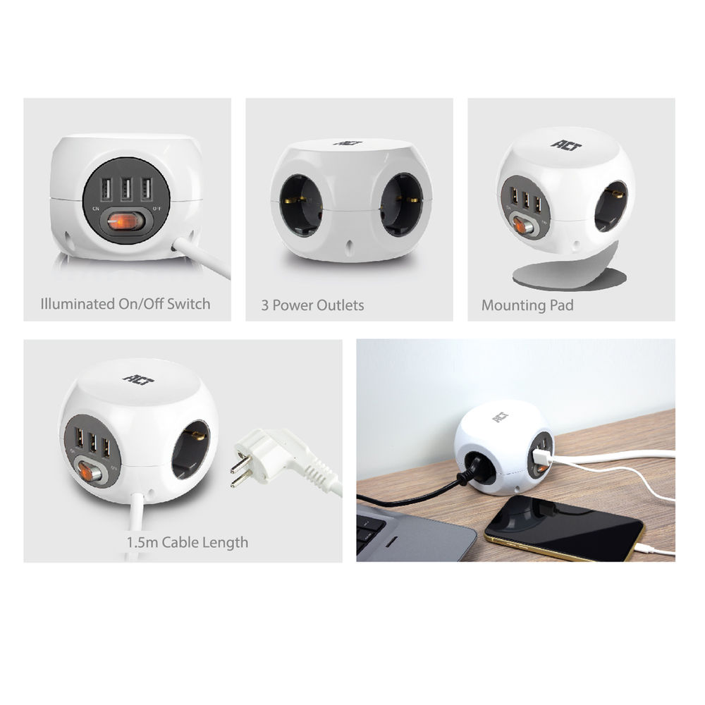 Multiprise blanche cube avec 3 ports USB, 3 prises, interrupteur lumineux et câble de 1,5m.