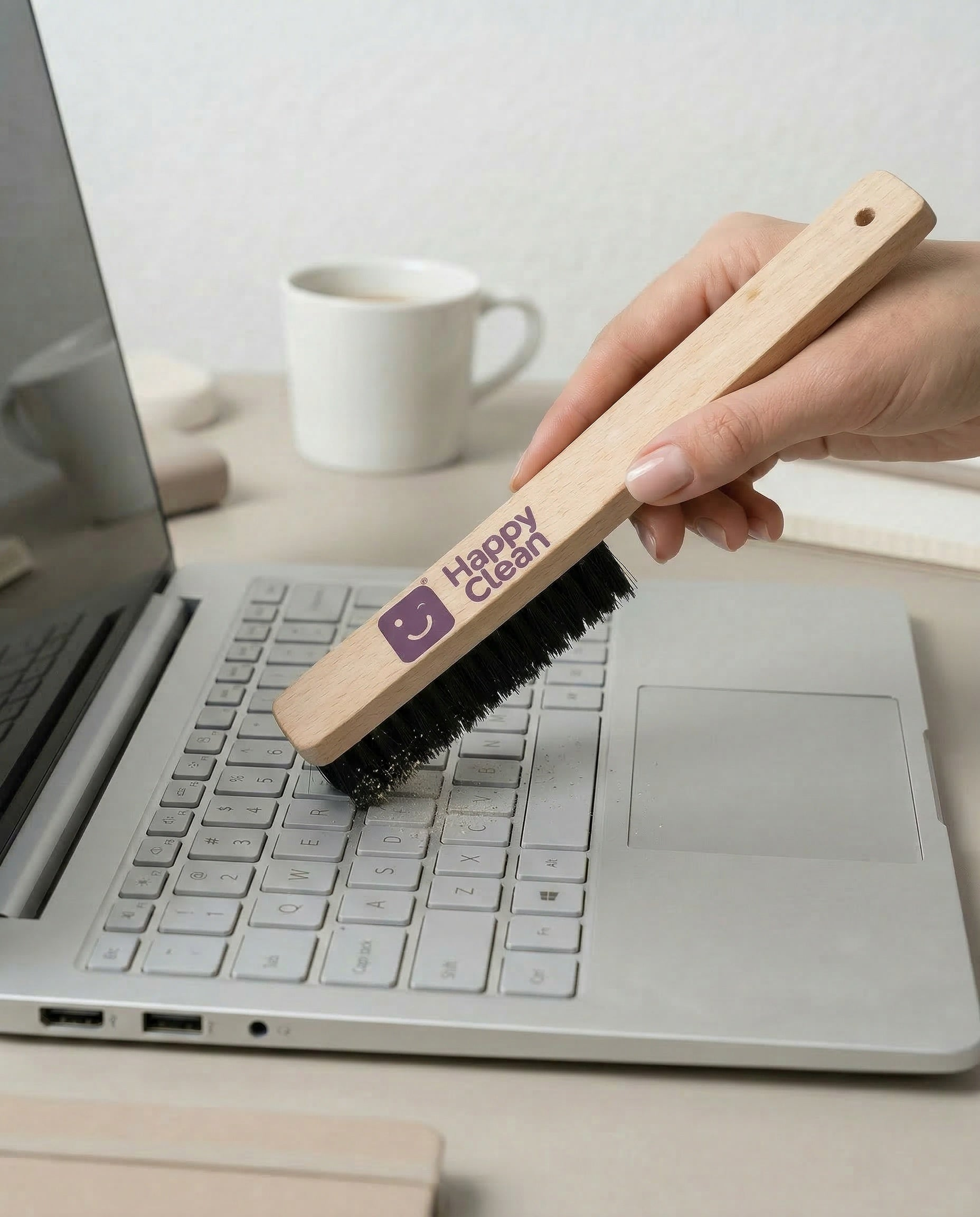 Een hand reinigt een laptop toetsenbord met een borstel met houten handvat.
