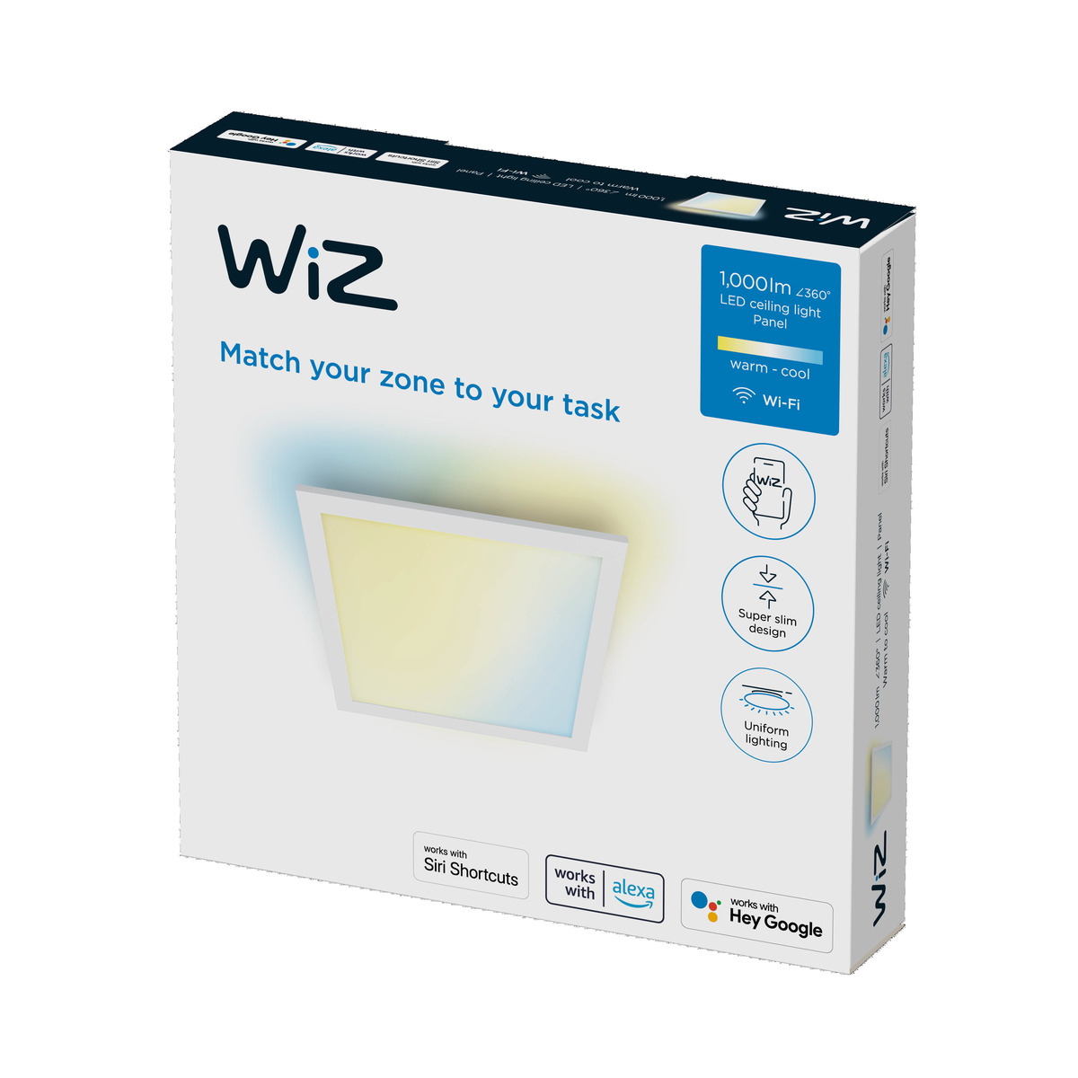 Scatola lampada da soffitto LED Wiz con icone Wi-Fi e integrazione smart home.