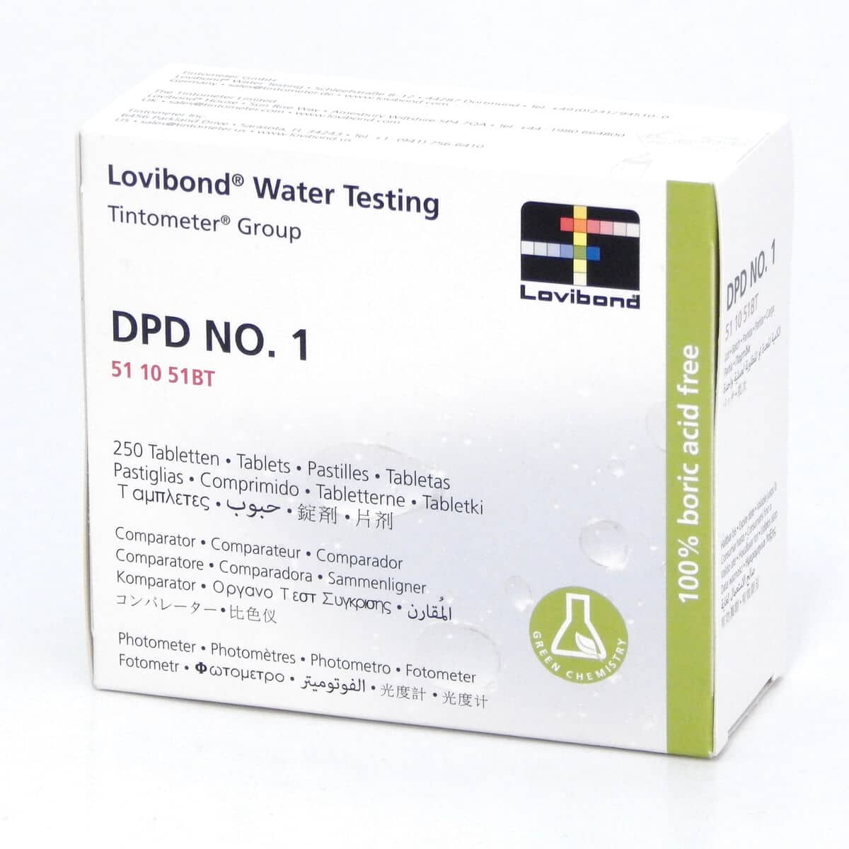 Caja de tabletas Lovibond DPD NO. 1 para análisis de agua, 250 unidades.